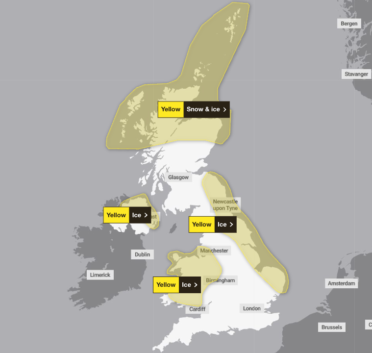 Three fresh weather warnings have been issued until 10am on Friday