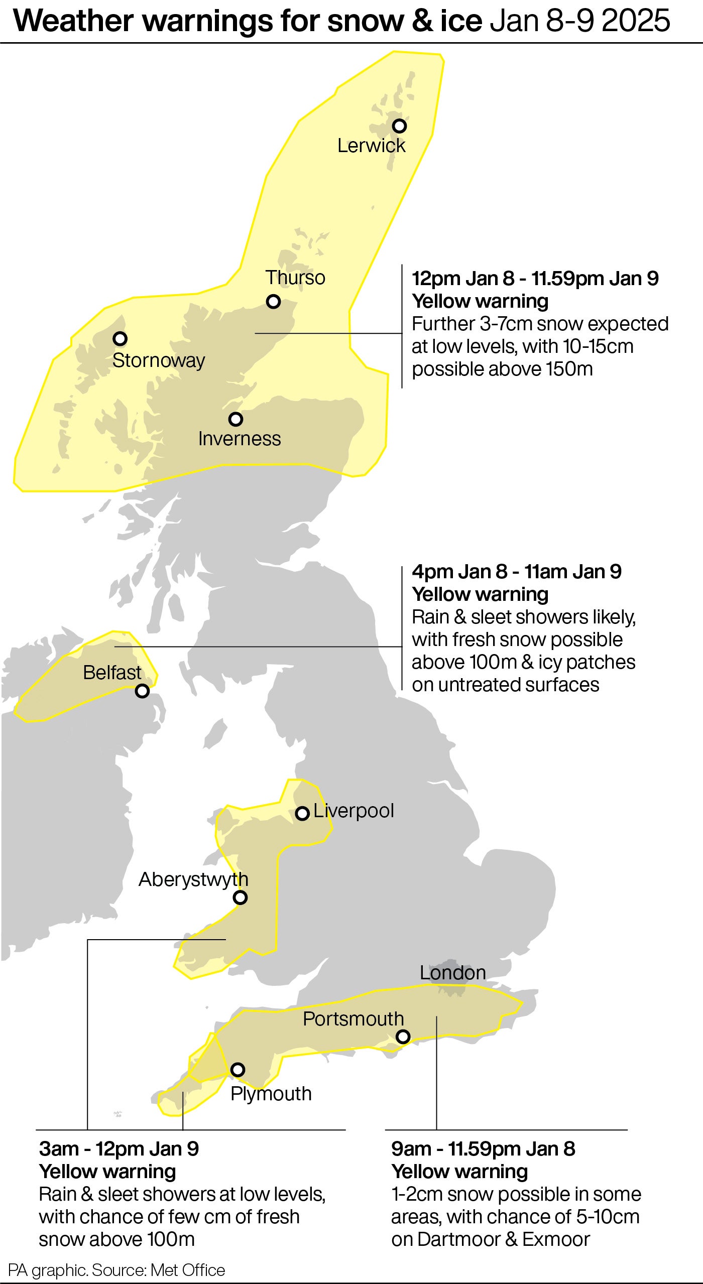 Weather warnings for snow & ice Jan 8-9 2025