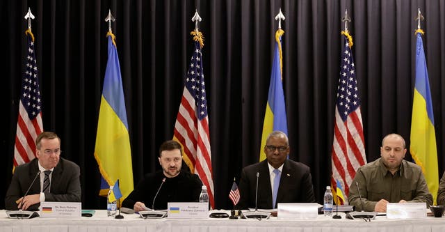 <p>Ukrainian president Volodymyr Zelensky sits next to to US defence secretary Lloyd Austin in Germany  </p>