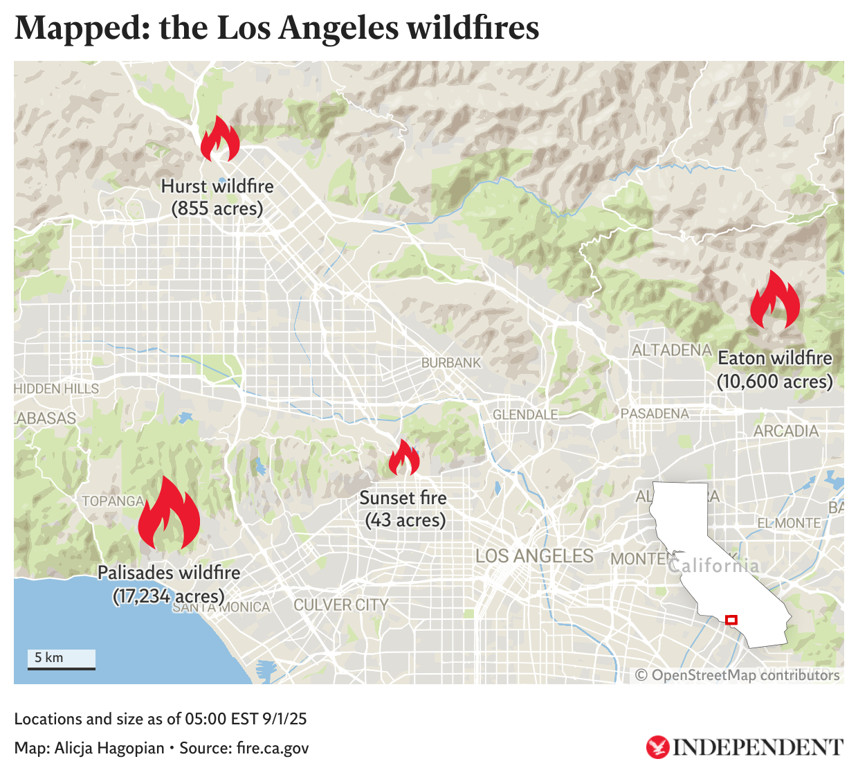 Map shows where the three major fires are situated in the Los Angeles area