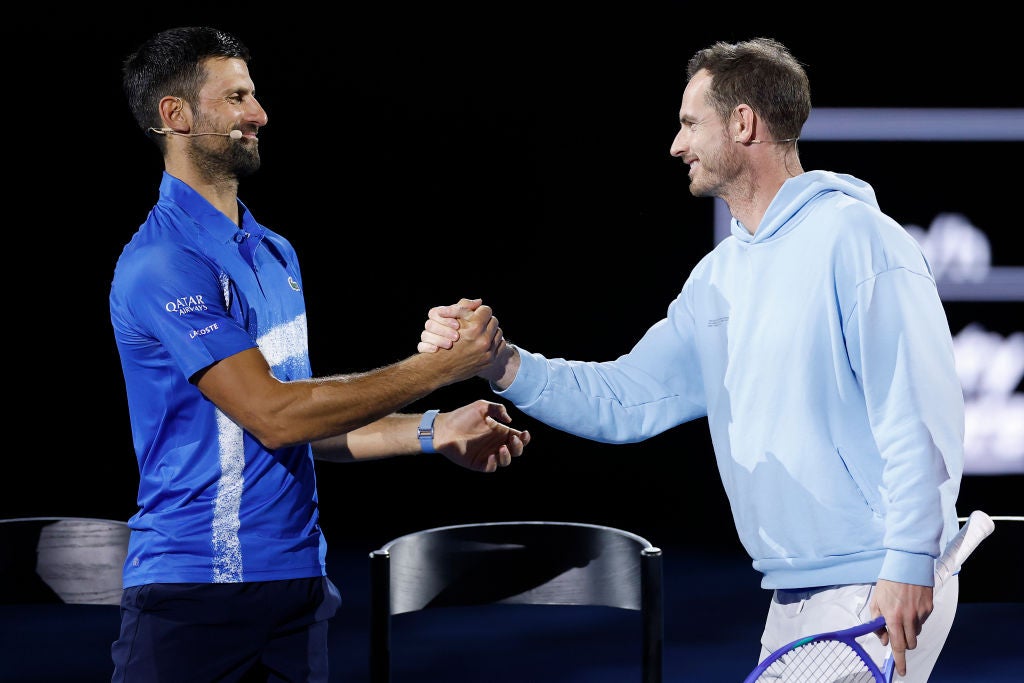 Murray and Djokovic in good sprits during an exhibition match at the Australian Open