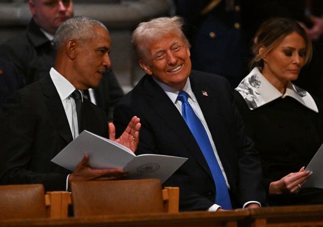 <p>Former President Barack Obama and President-elect Donald Trump speak together ahead of the state funeral services for former President Jimmy Carter at the National Cathedral on January 9, 2025 in Washington, D.C</p>