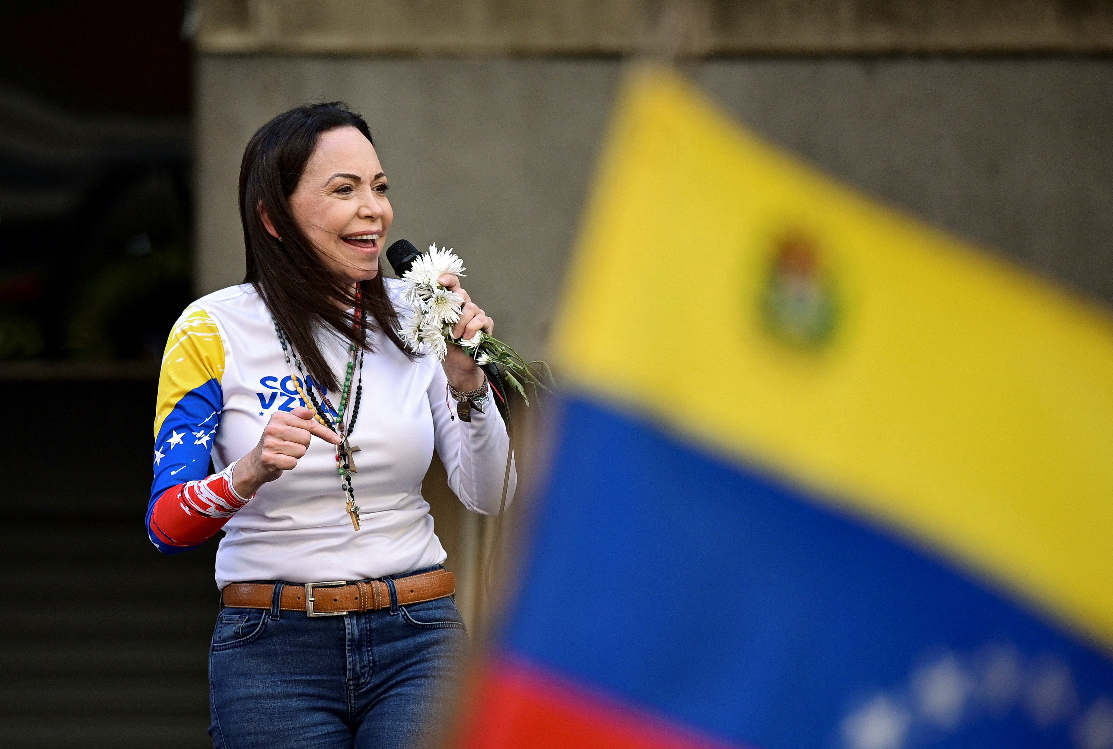 Venezuela opposition leader Machado appears at protest