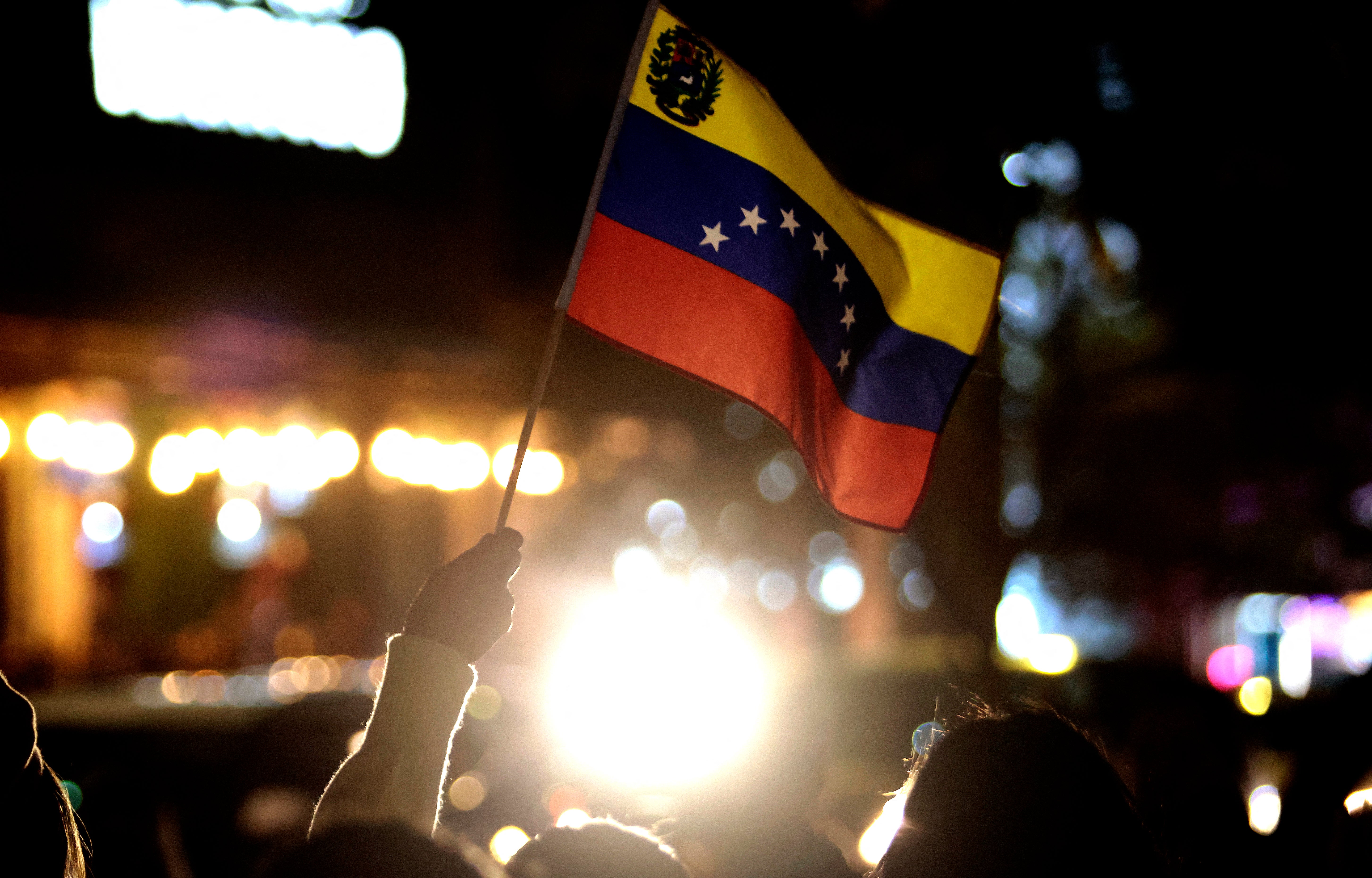 <p>A demonstrator waves a Venezuelan flag during a protest called by the opposition on the eve of the presidential inauguration</p>