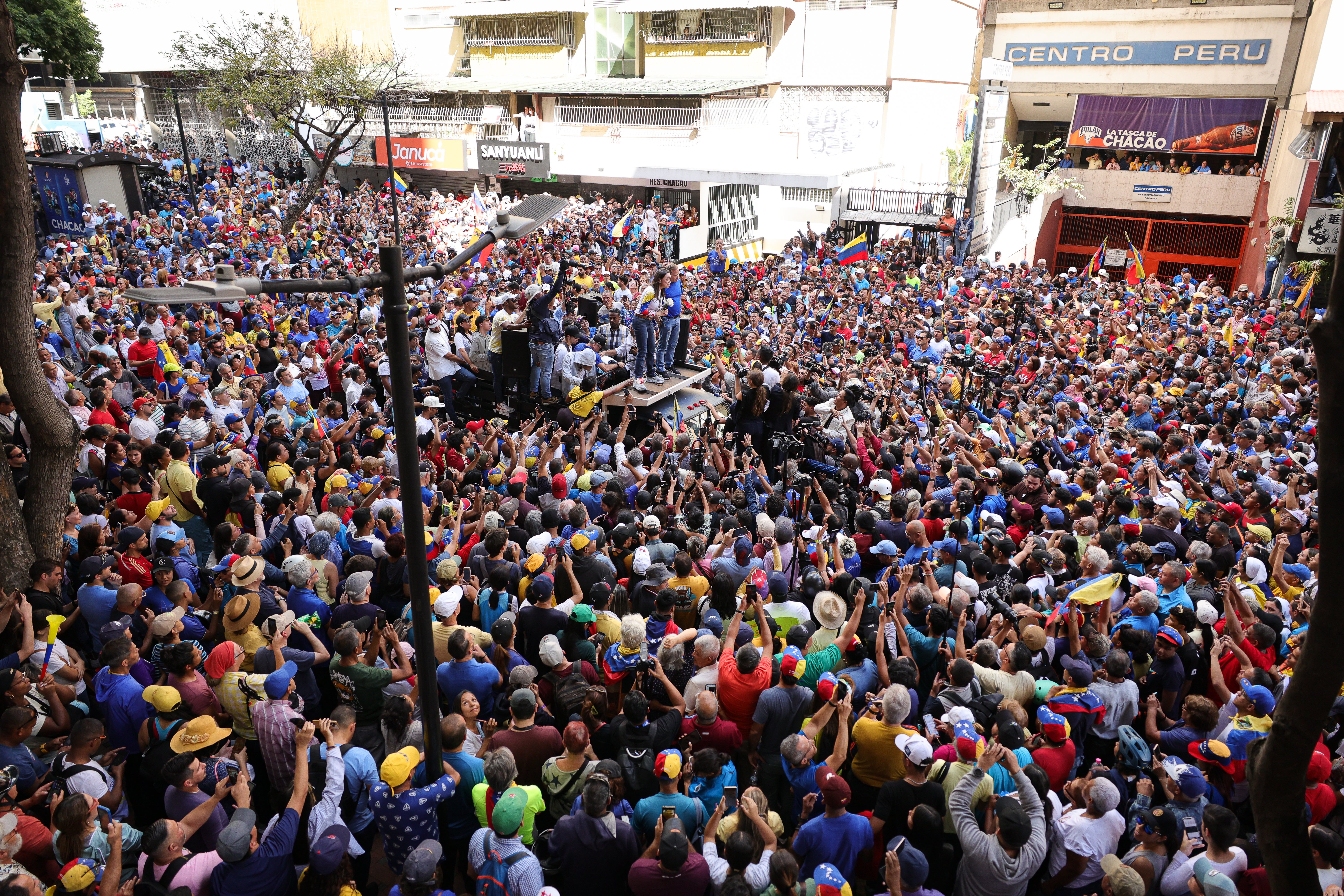 Opposition leader Maria Corina Machado gives a speech during an anti-government protest