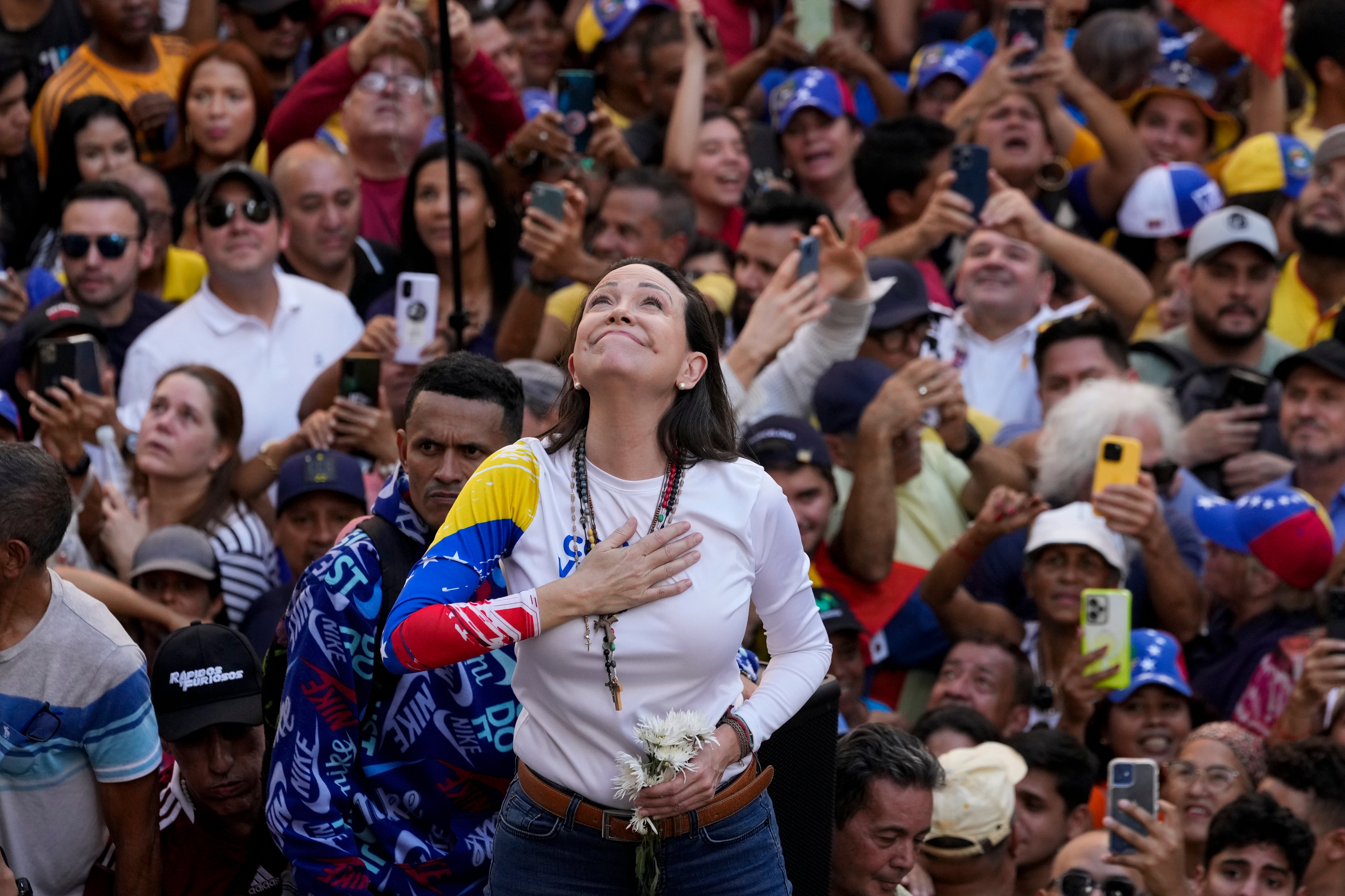 Venezuelan opposition leader Maria Corina Machado addresses supporters at a protest against president Nicolas Maduro in Caracas, Venezuela, 9 January 2025