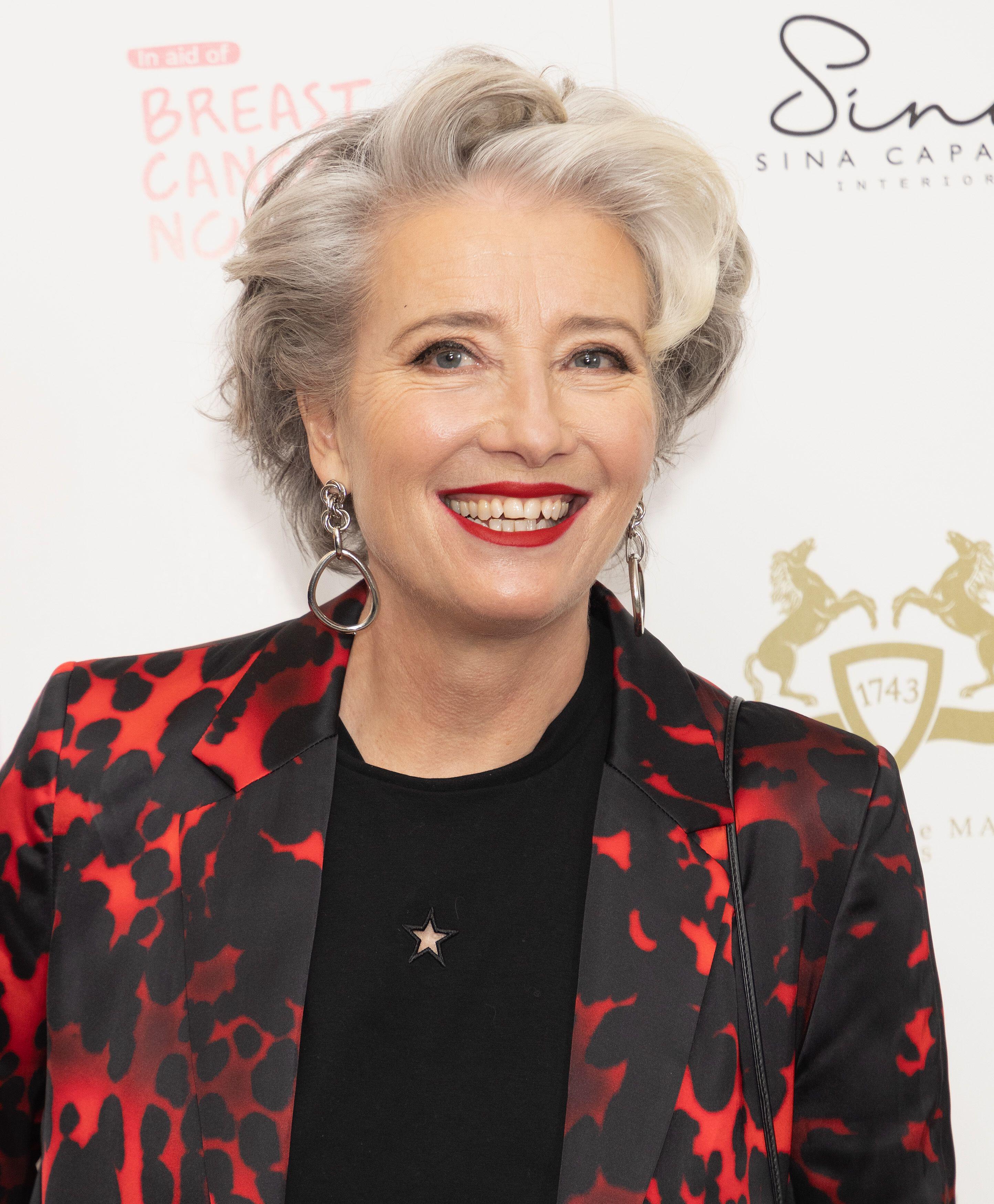 Emma Thompson blended a deeper grey with striking silver stripes to frame her face (Alamy/PA)