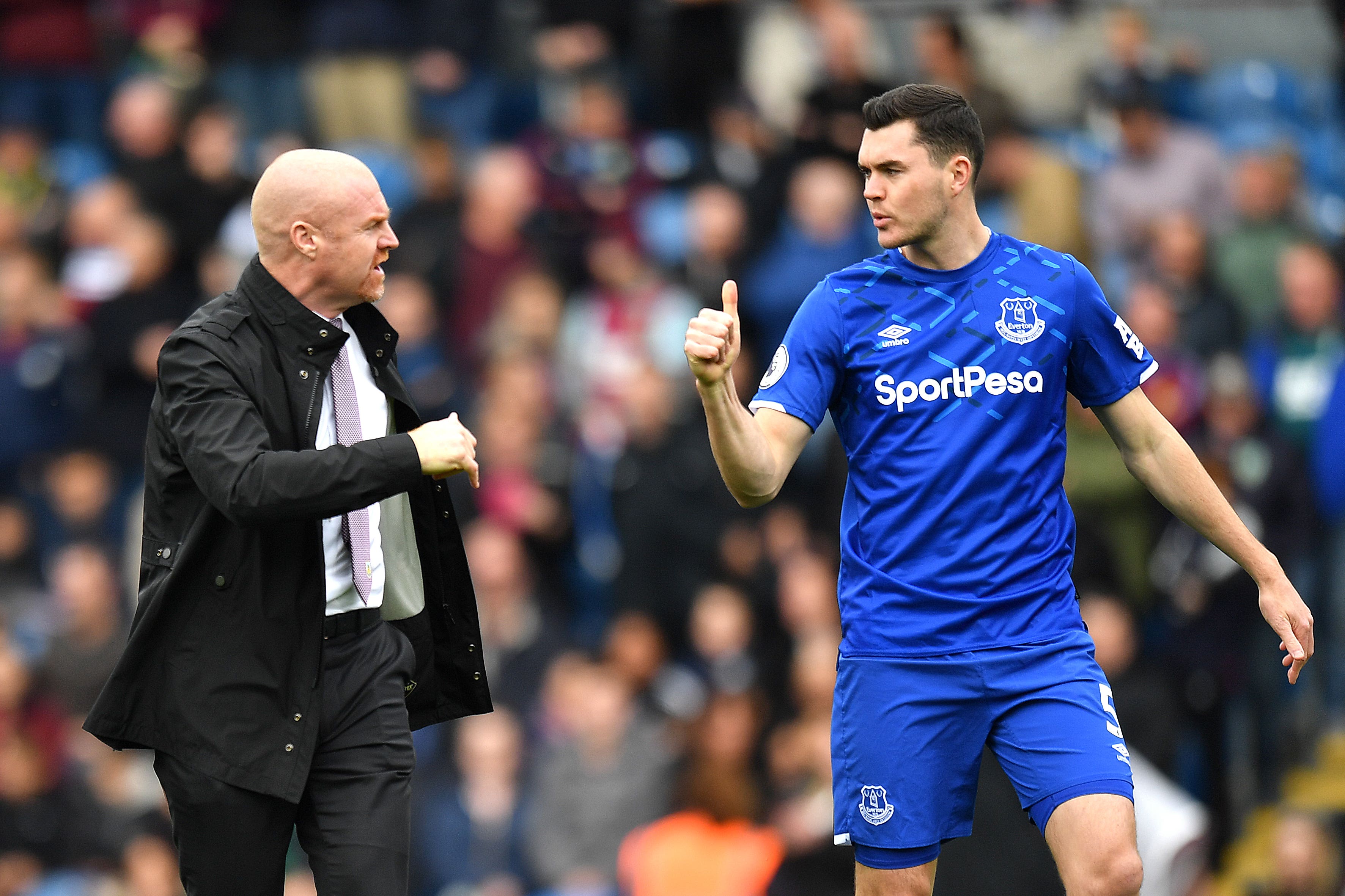 Everton’s Michael Keane, right, with Sean Dyche (Anthony Devlin/PA)