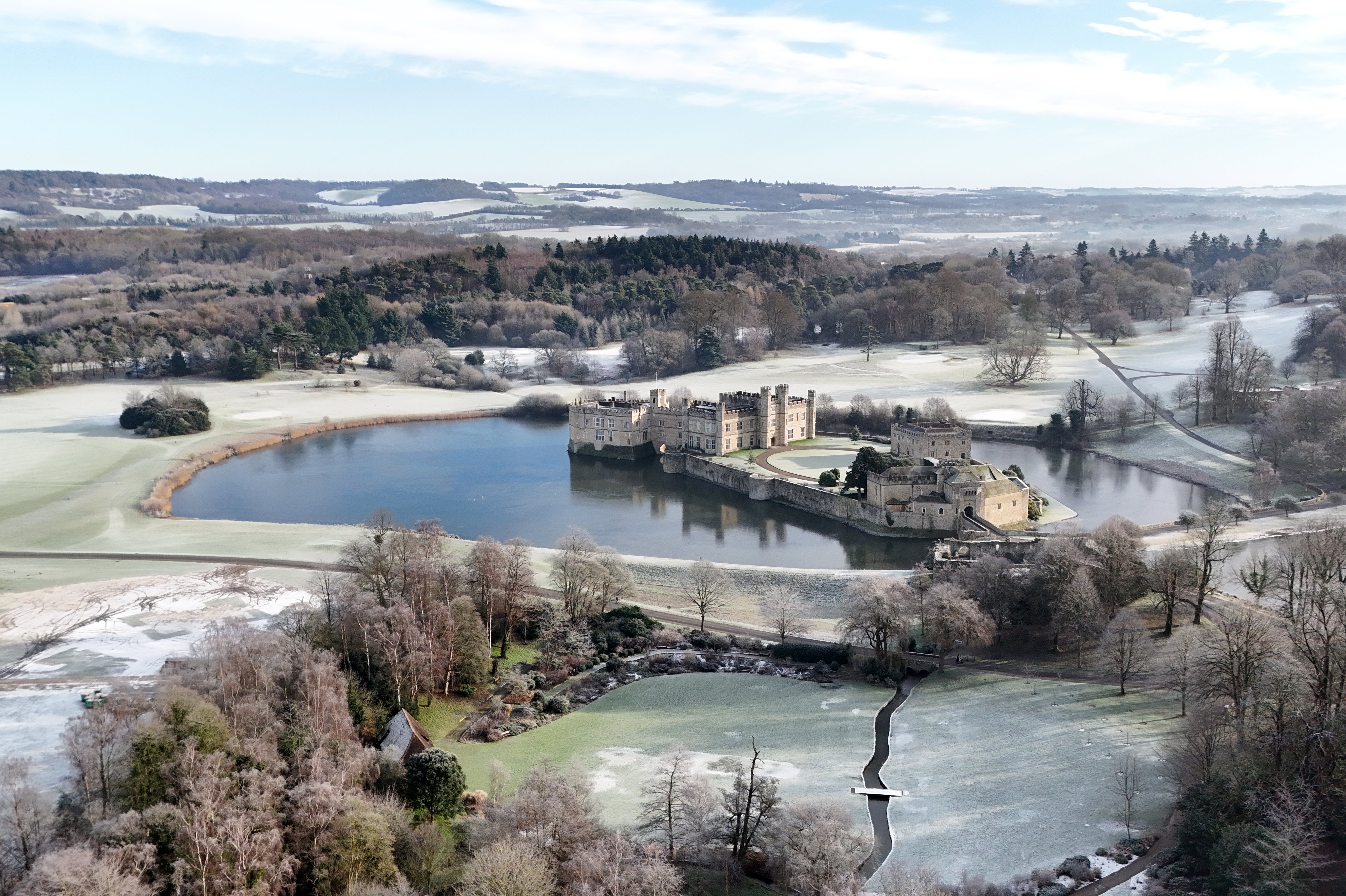 A view of Leeds Castle in a frosty landscape near Maidstone in Kent