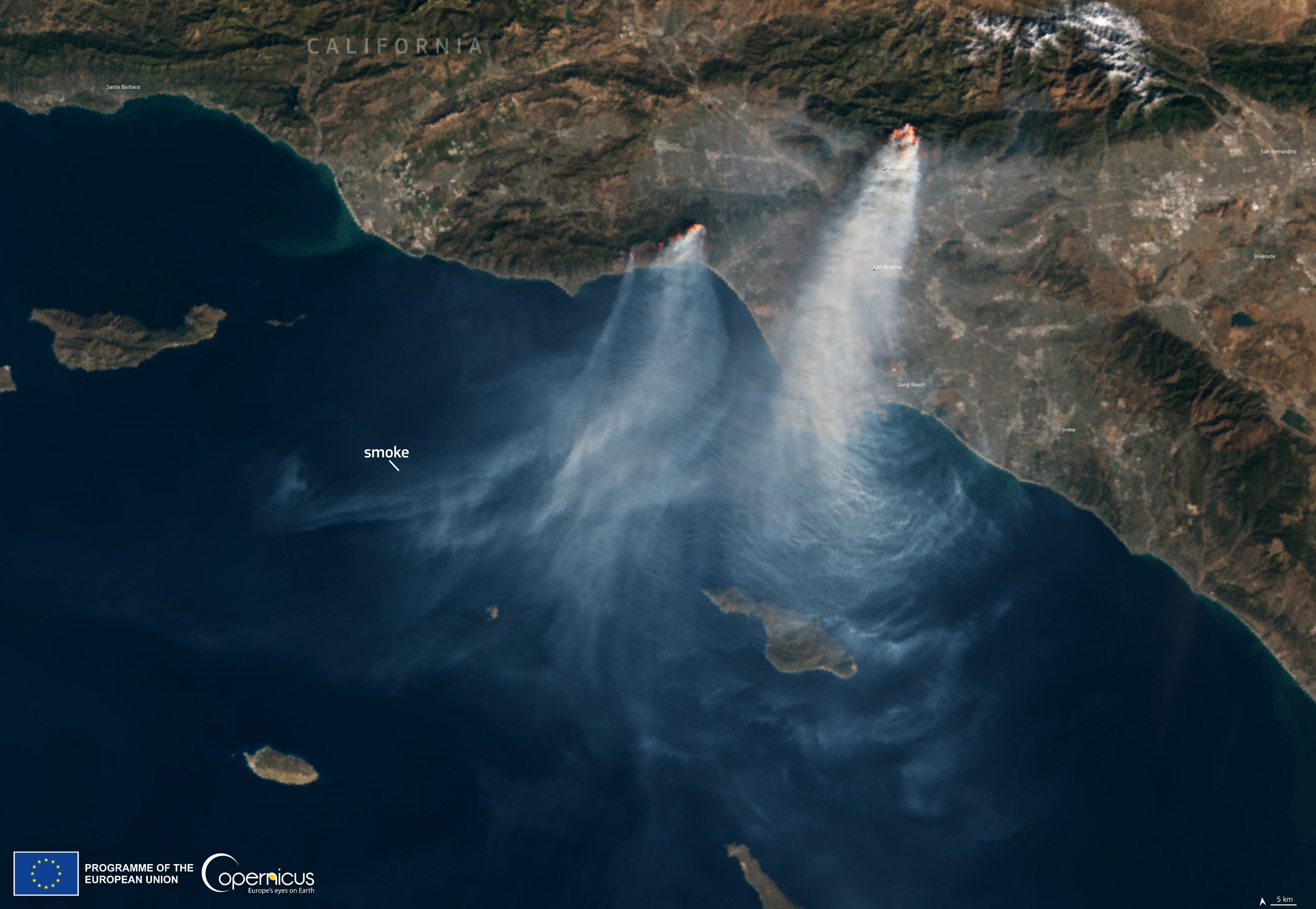 Satellite image shows wildfires burning in Los Angeles on Thursday