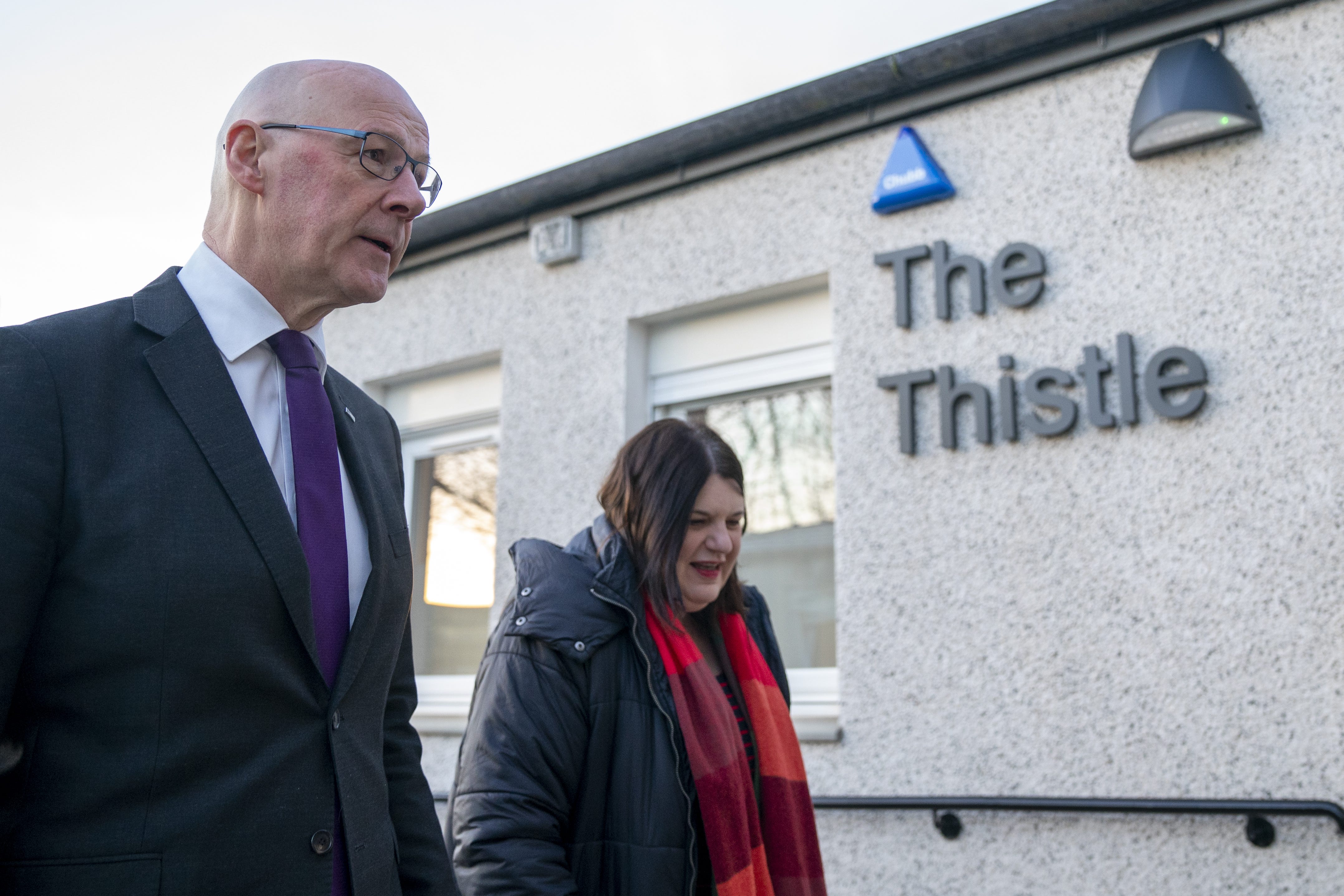 First Minister John Swinney and Glasgow City Council leader Susan Aitken arrive at The Thistle Centre (Jane Barlow/PA)