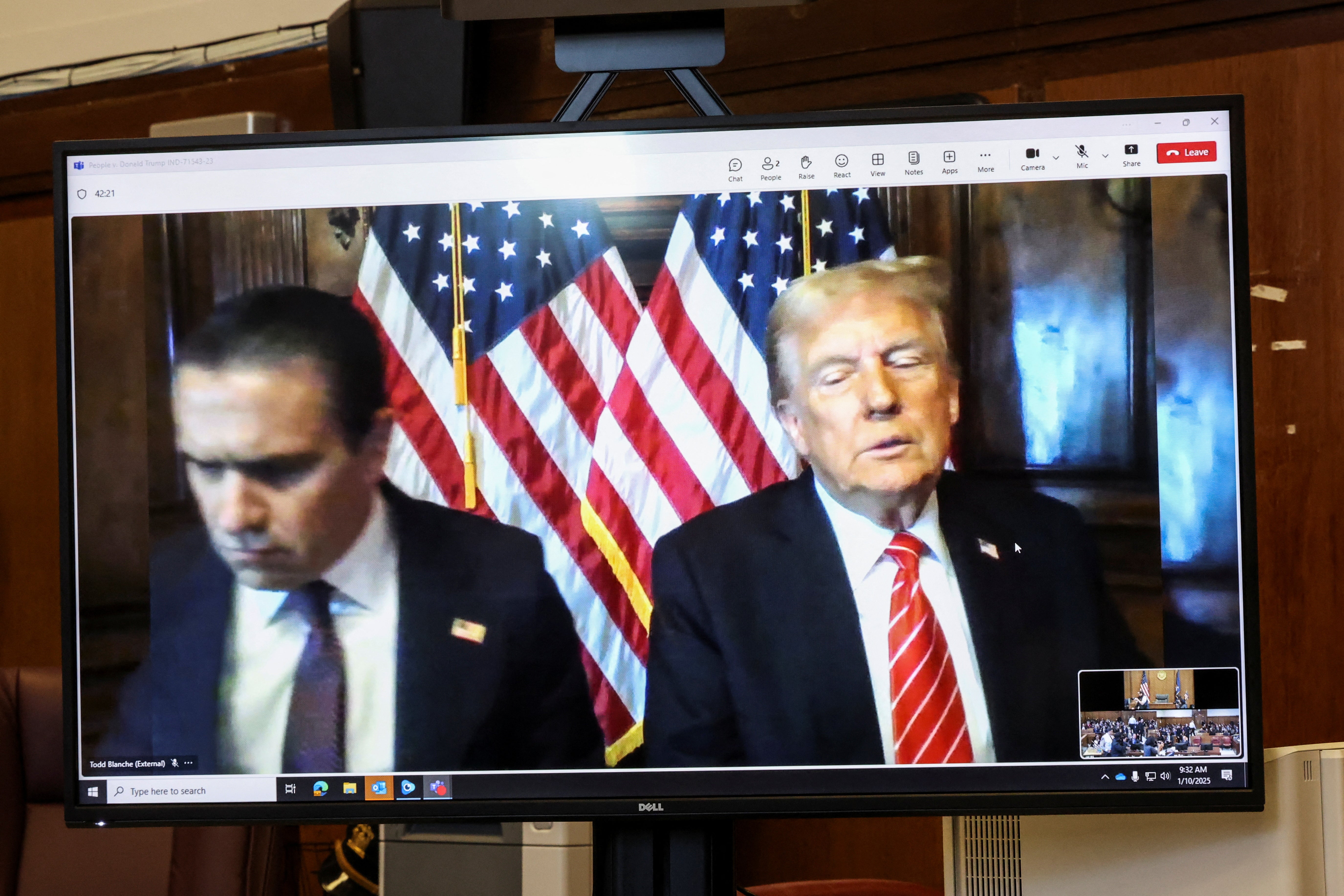 Donald Trump and his attorney Todd Blanche appeared remotely during his sentencing hearing in Manhattan criminal court on January 10.