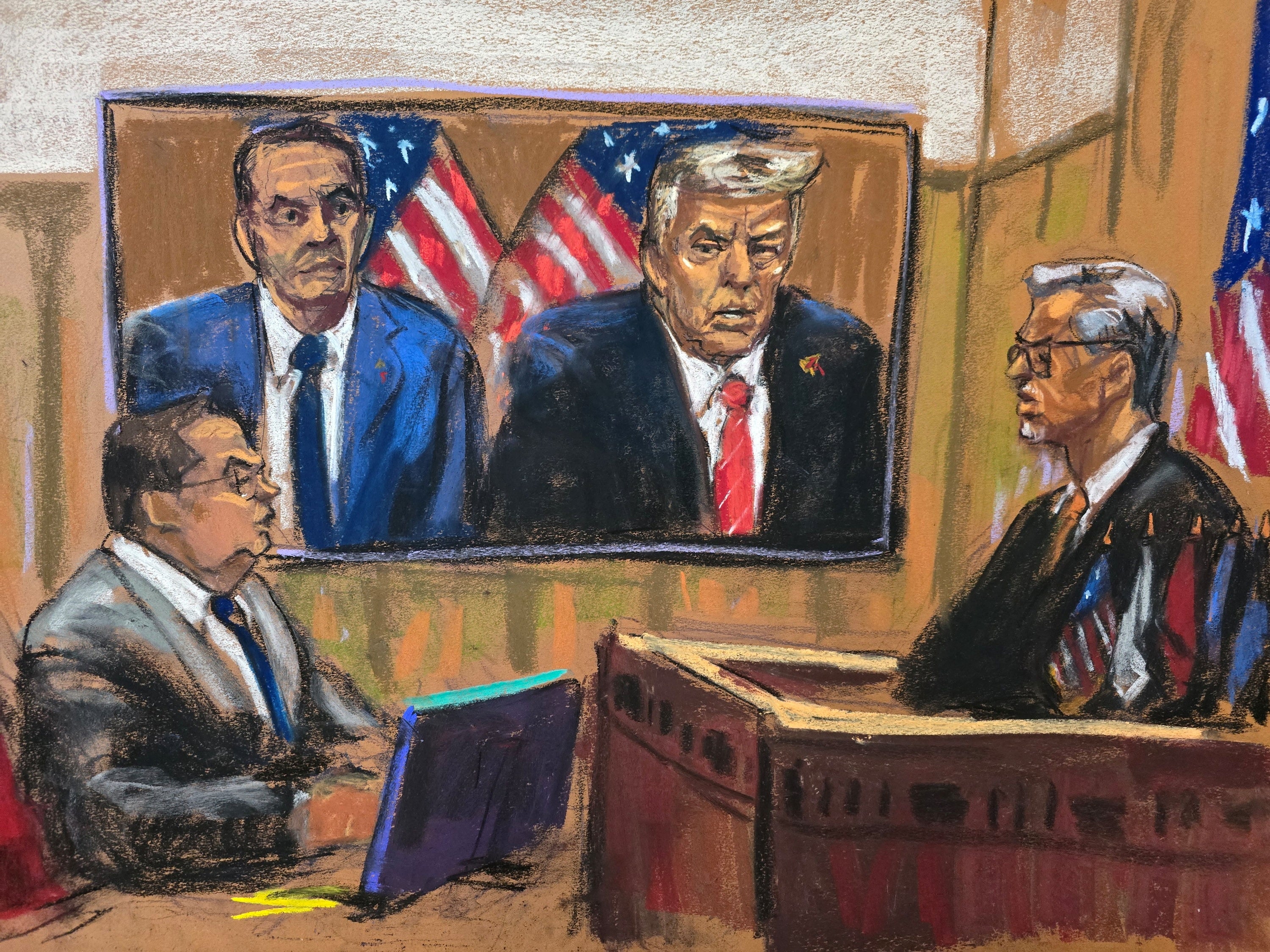 New York State Judge Juan Merchan sentences President-elect Donald Trump as he appears remotely alongside his lawyer Todd Blanche. Prosecutor Joshua Steinglass listens at the New York Criminal Court in Manhattan