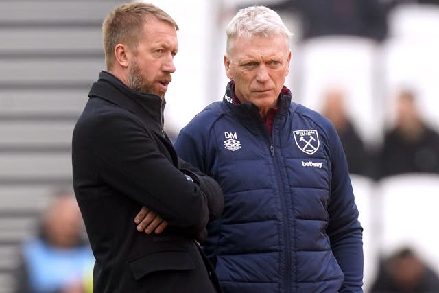 New West Ham boss Graham Potter suffered defeat in his first game while former Hammers boss David Moyes (right) could be on his way back to Everton (Mike Egerton/PA)