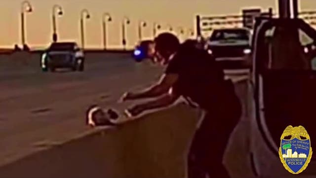<p>Watch moment heroic police officer rescues cat stranded on busy bridge as traffic zooms past.</p>