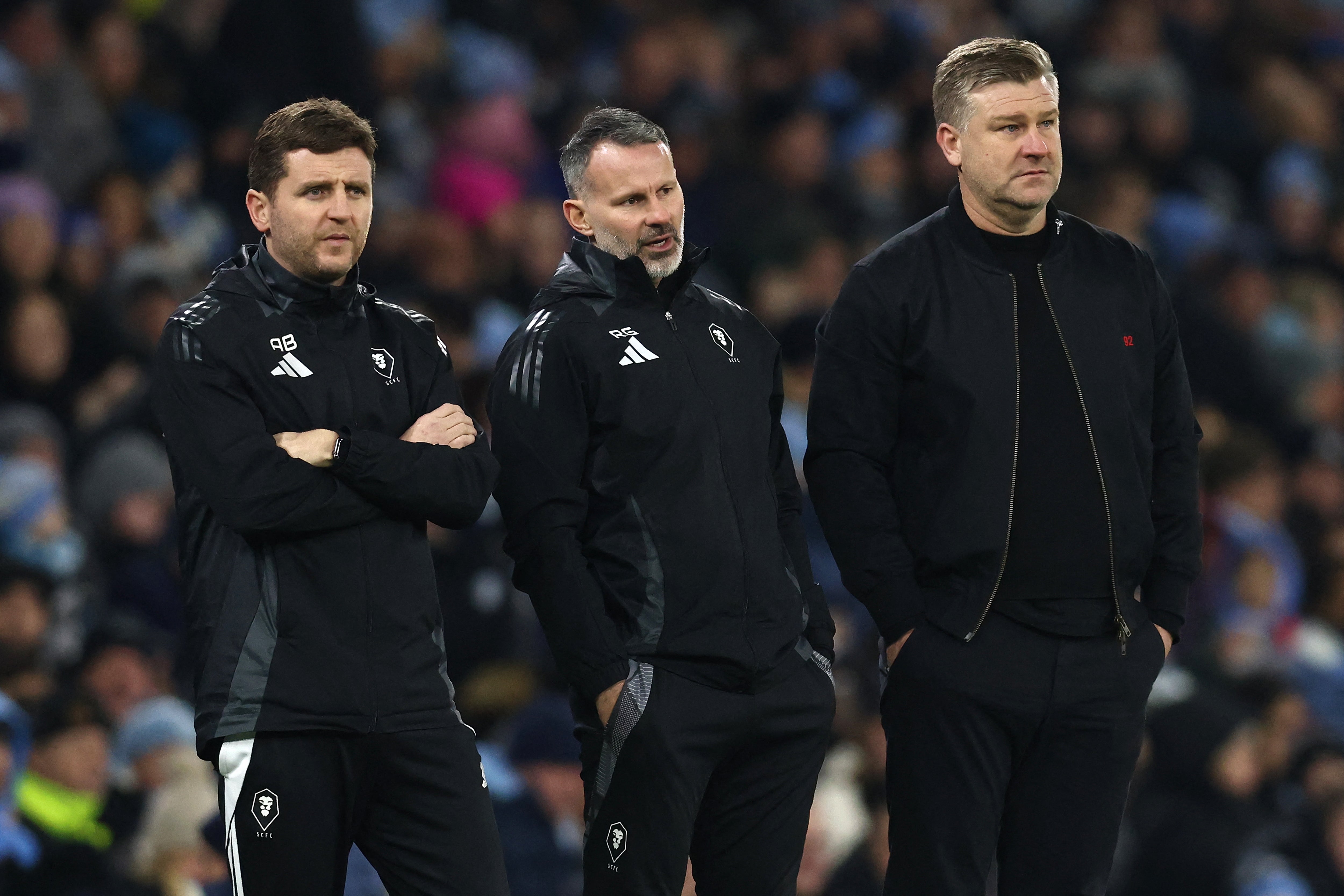 Salford ‘director of football’ Ryan Giggs was on the bench during the match alongside manager Karl Robinson