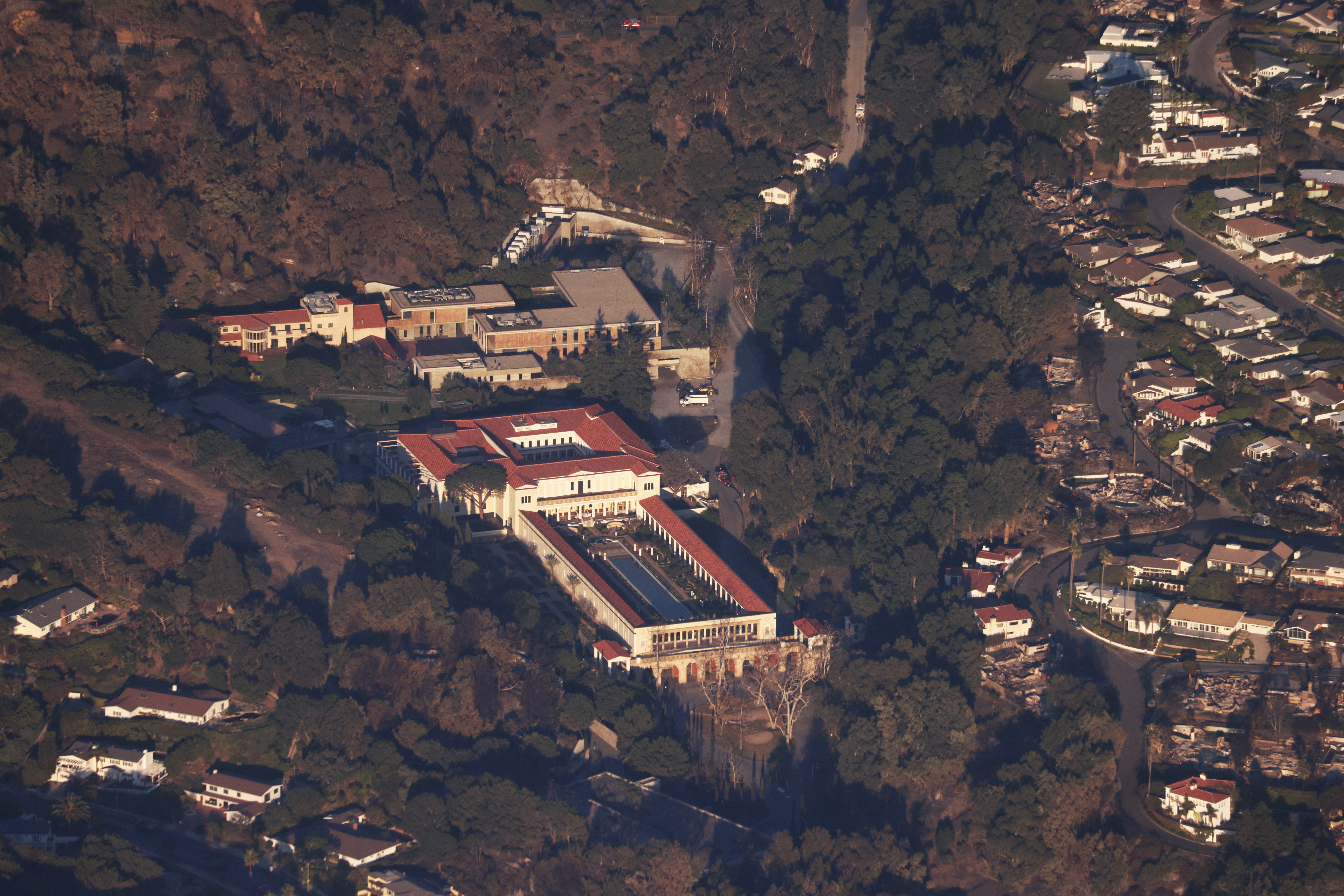 The Getty Villa art museum stands undamaged after the passage of the wind-driven Palisades fire in the Pacific Palisades neighborhood