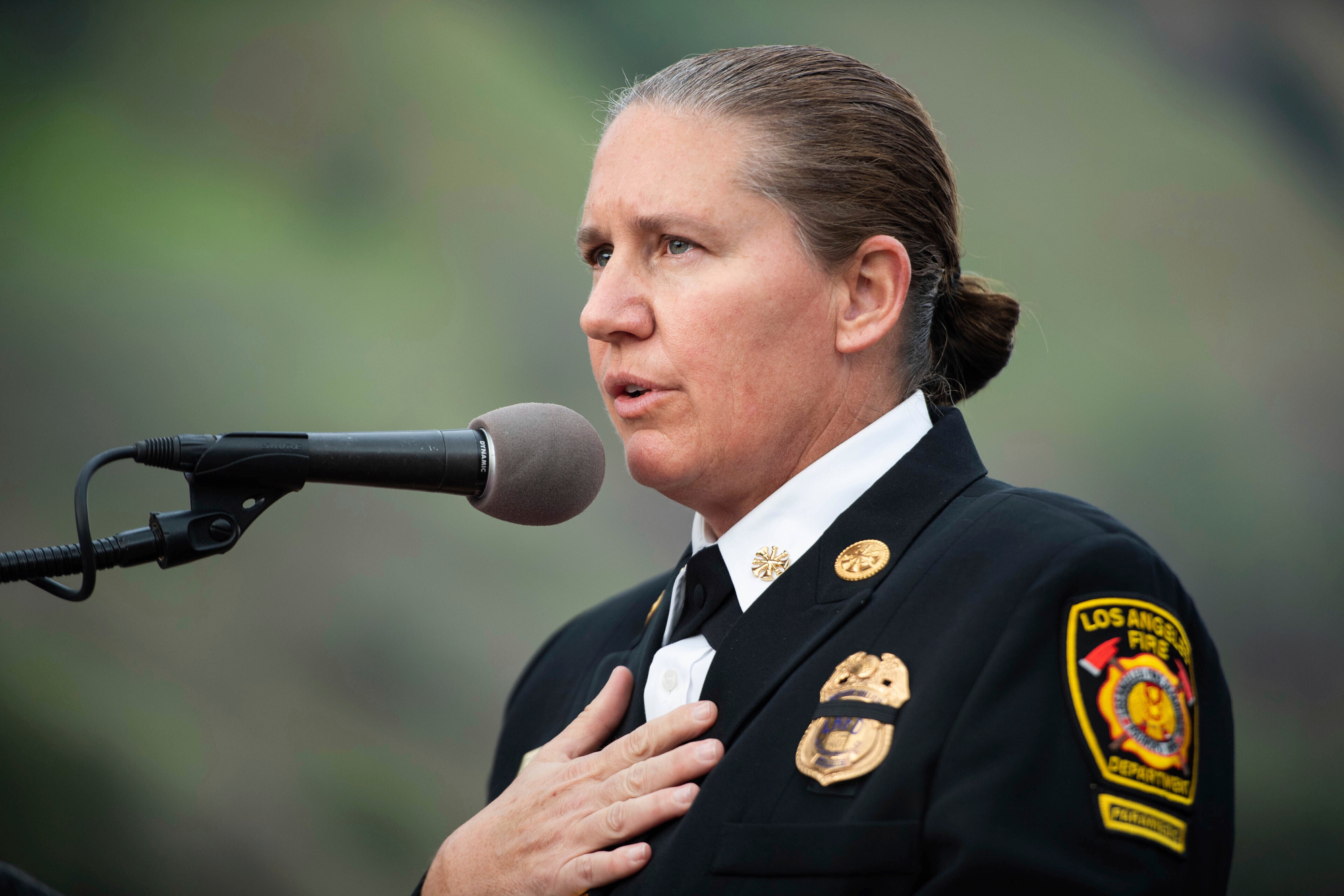 Los Angeles fire chief Kristin Crowley speaks to the press in 2022