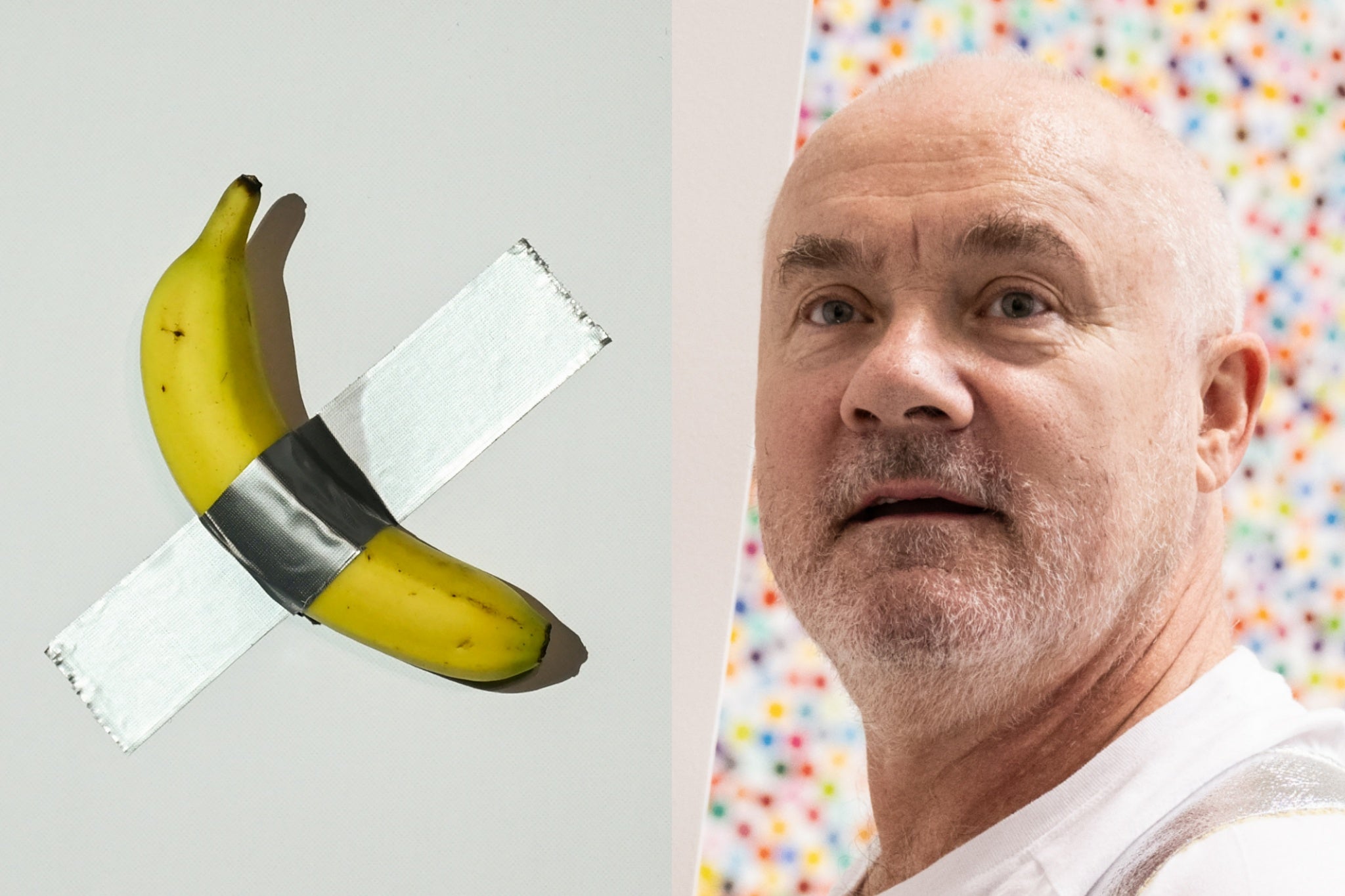 <p>‘Comedian’ (left) and Damien Hirst (right)</p>