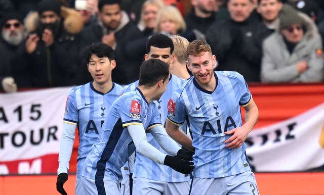 <p>Dejan Kulusevski celebrates scoring Spurs’ second goal</p>