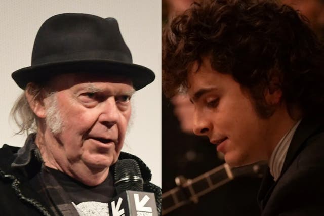 <p>Neil Young, and Timothee Chalamet in ‘A Complete Unknown'</p>