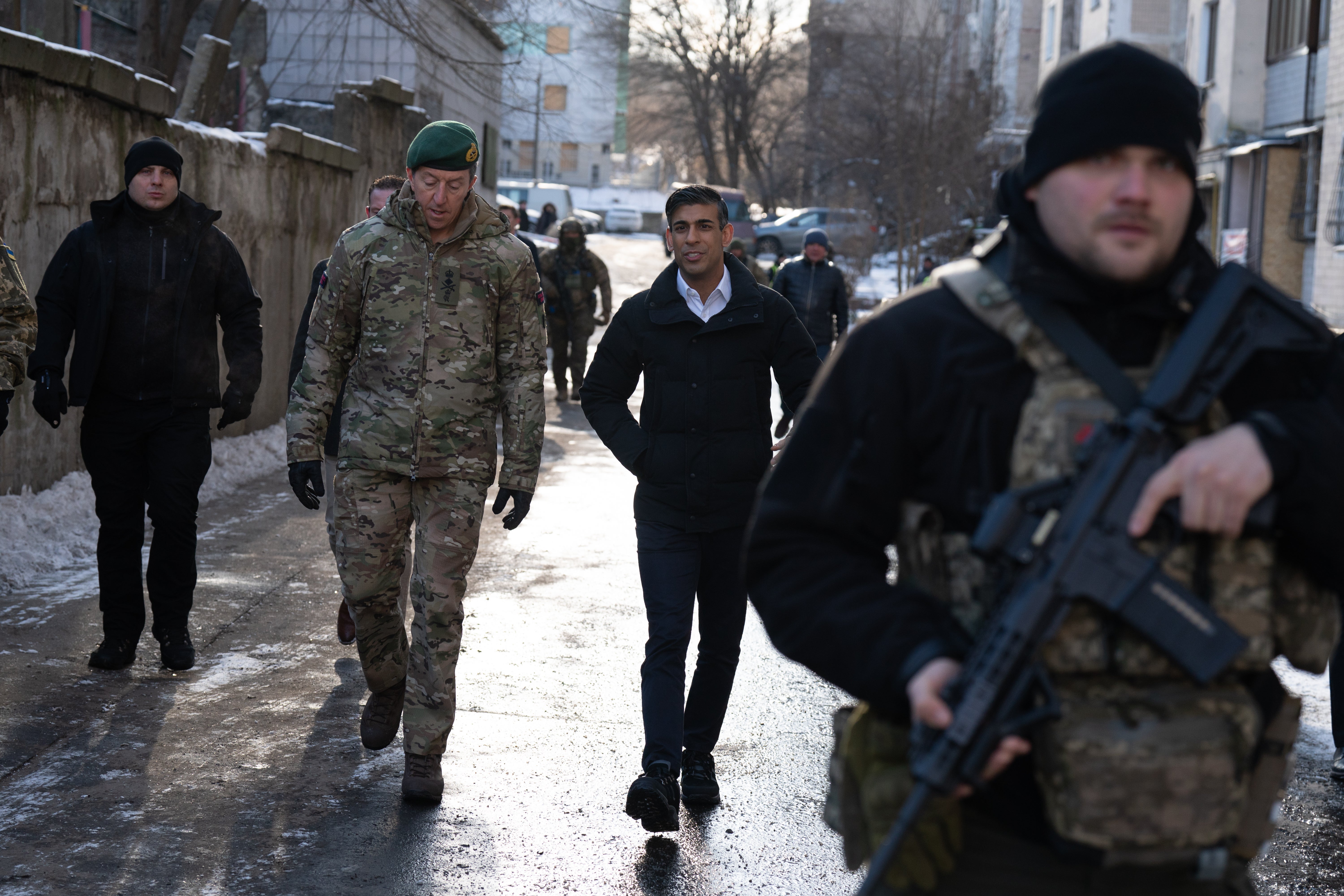 Prime minister Rishi Sunak and Maj Jenkins, are shown damaged buildings in Kyiv, Ukraine