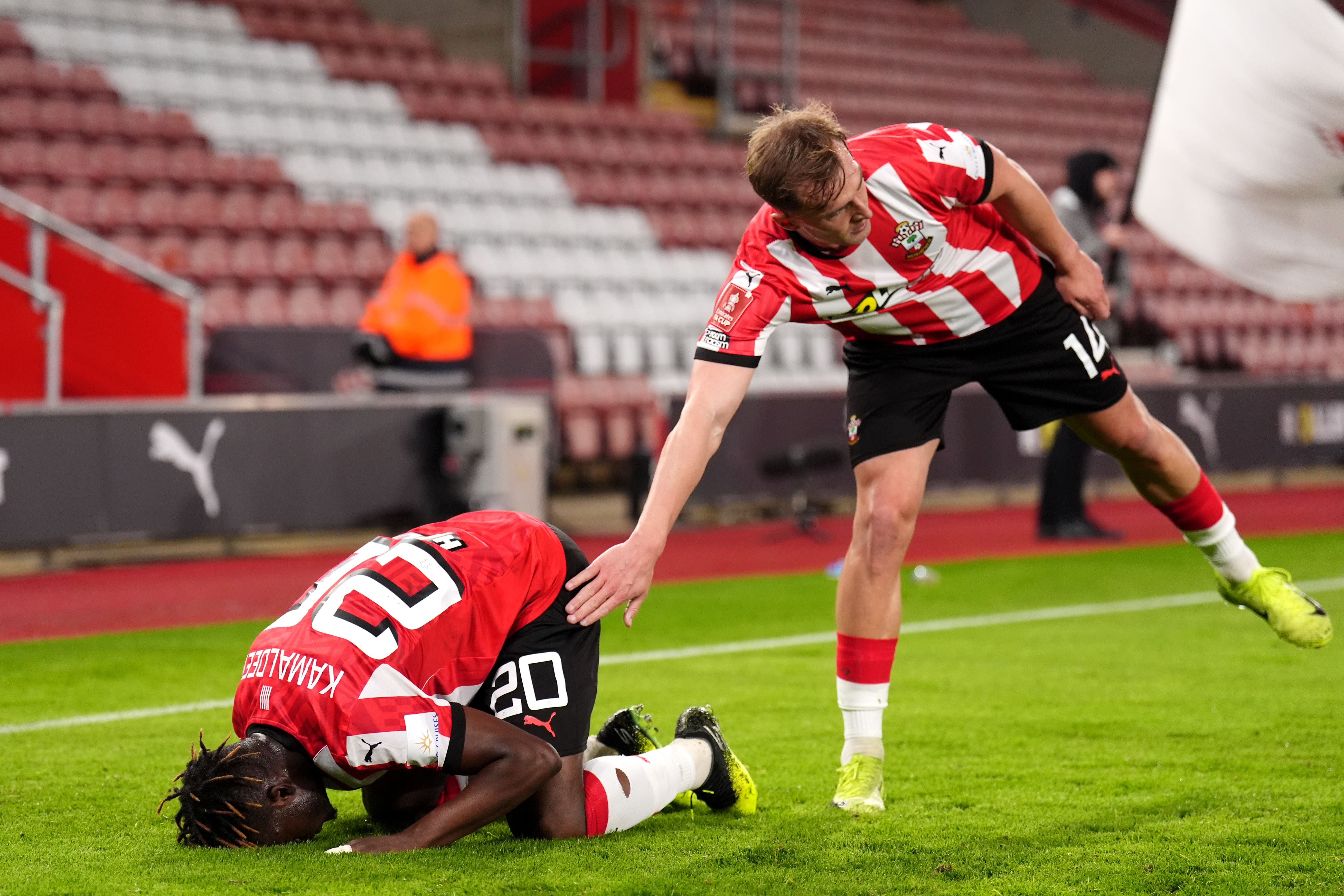 Southampton’s Kamaldeen Sulemana, left, struck against Swansea