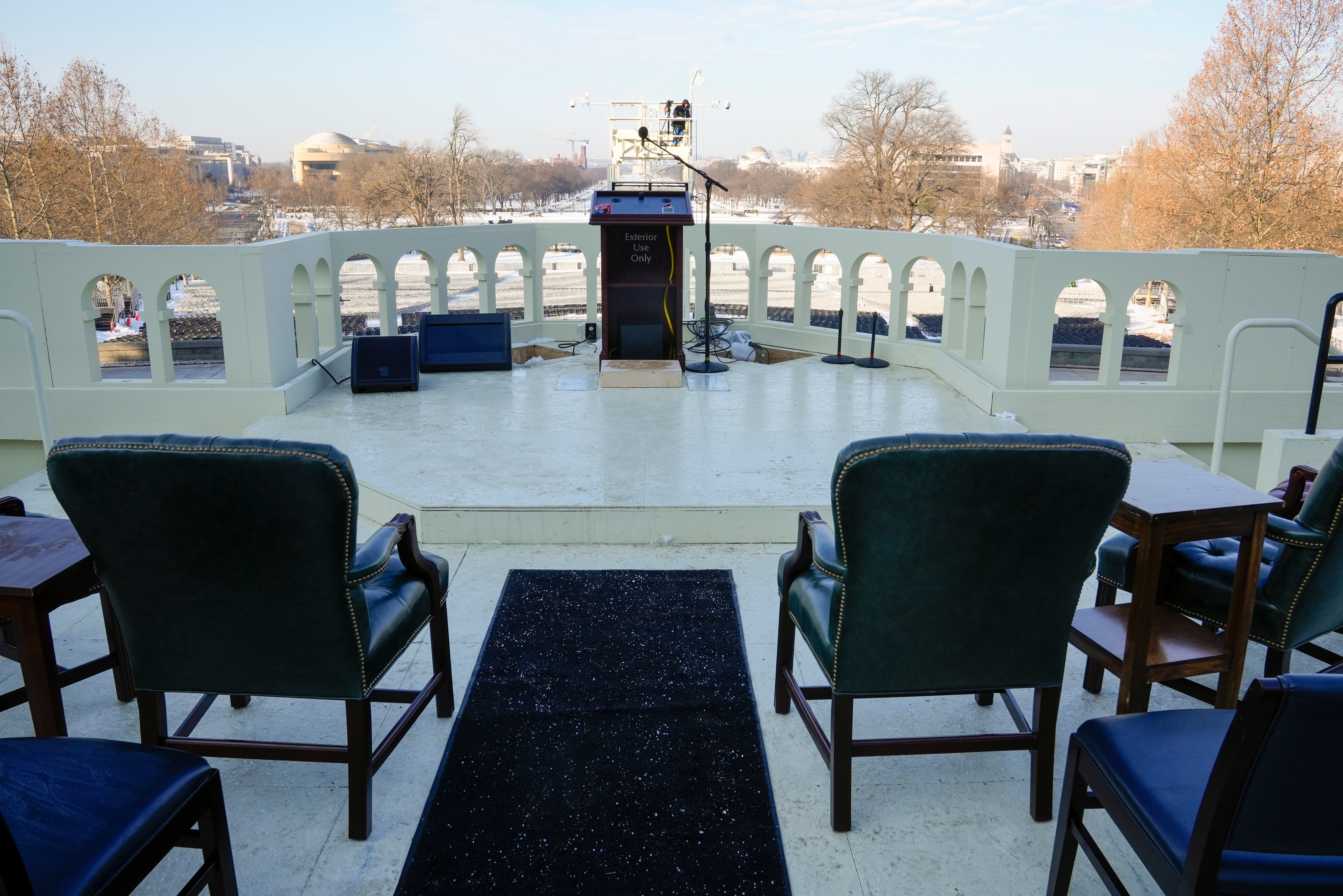 The podium on the stage is seen on the West Front of the U.S. Capitol after a rehearsal ahead of President-elect Donald Trump's upcoming inauguration, Sunday, Jan. 12, 2025, in Washington