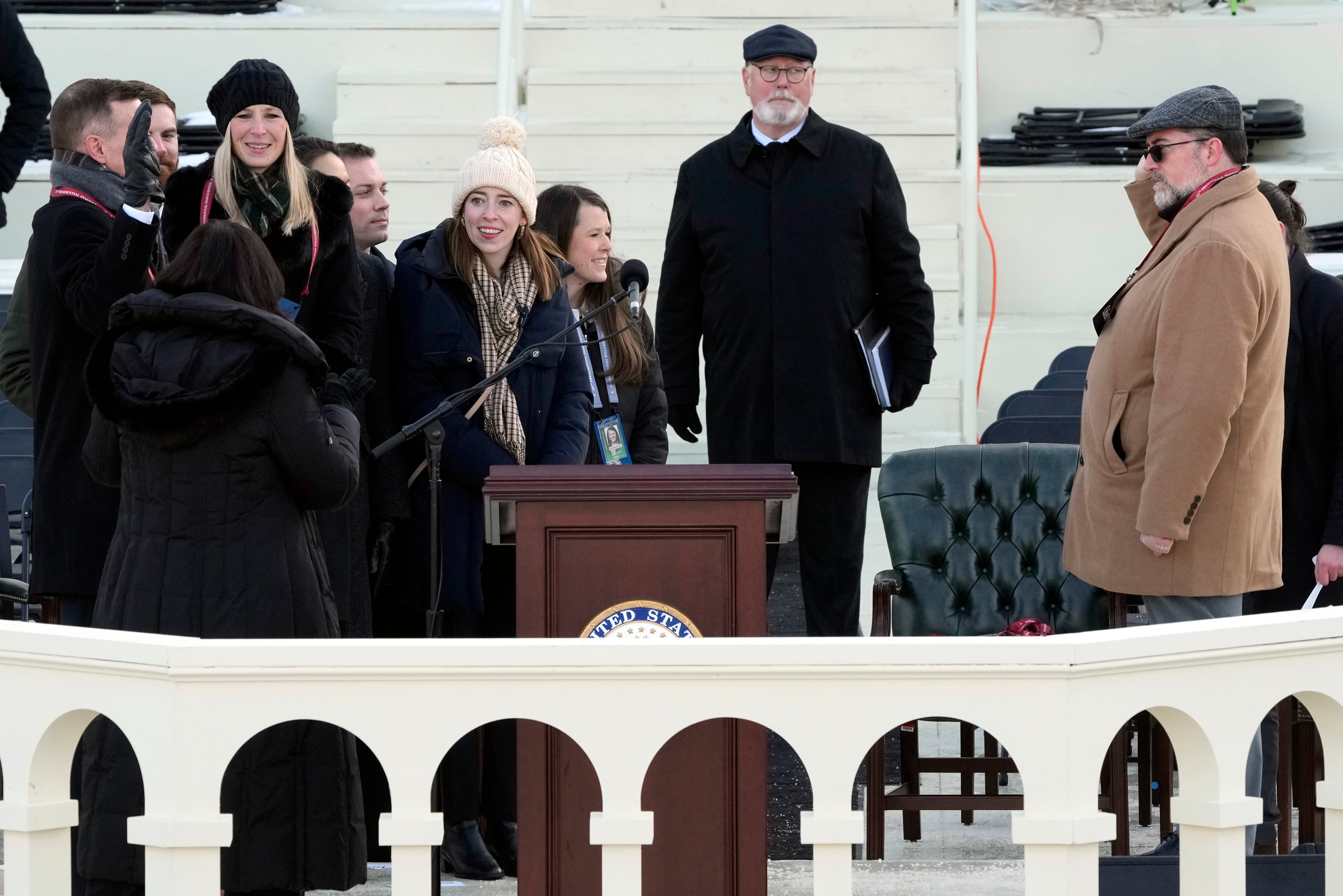 Stand-ins rehearse the swearing-in of President-elect Donald Trump on the West Front of the U.S. Capitol ahead of the upcoming inauguration, Sunday, Jan. 12, 2025, in Washington