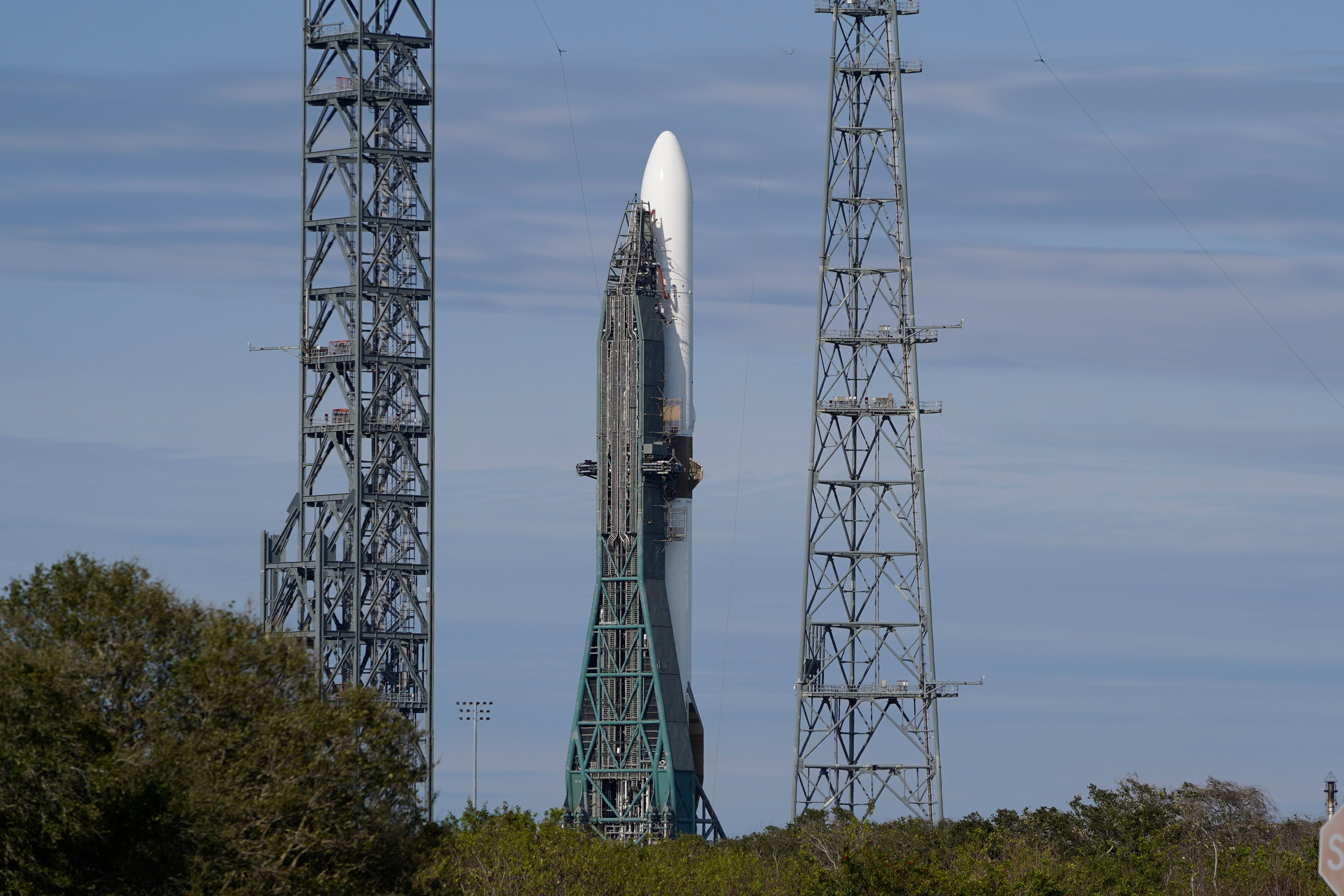 The Blue Origin New Glenn rocket stands ready on Launch Complex 36 at the Cape Canaveral Space Force Station