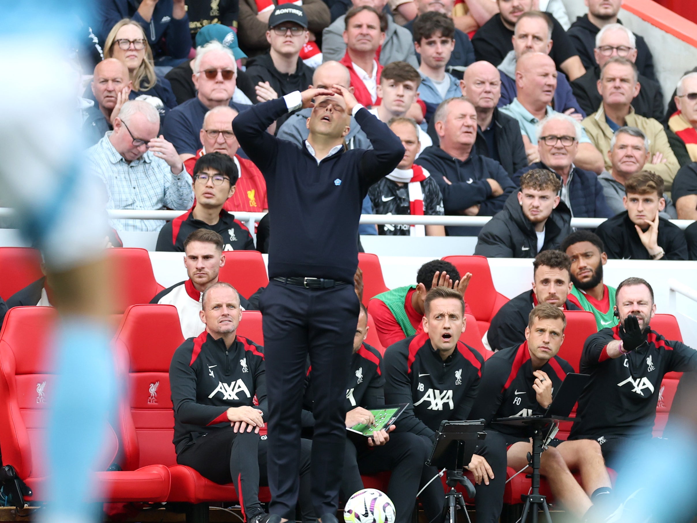 Slot reacts during Liverpool’s defeat to Forest at Anfield last September