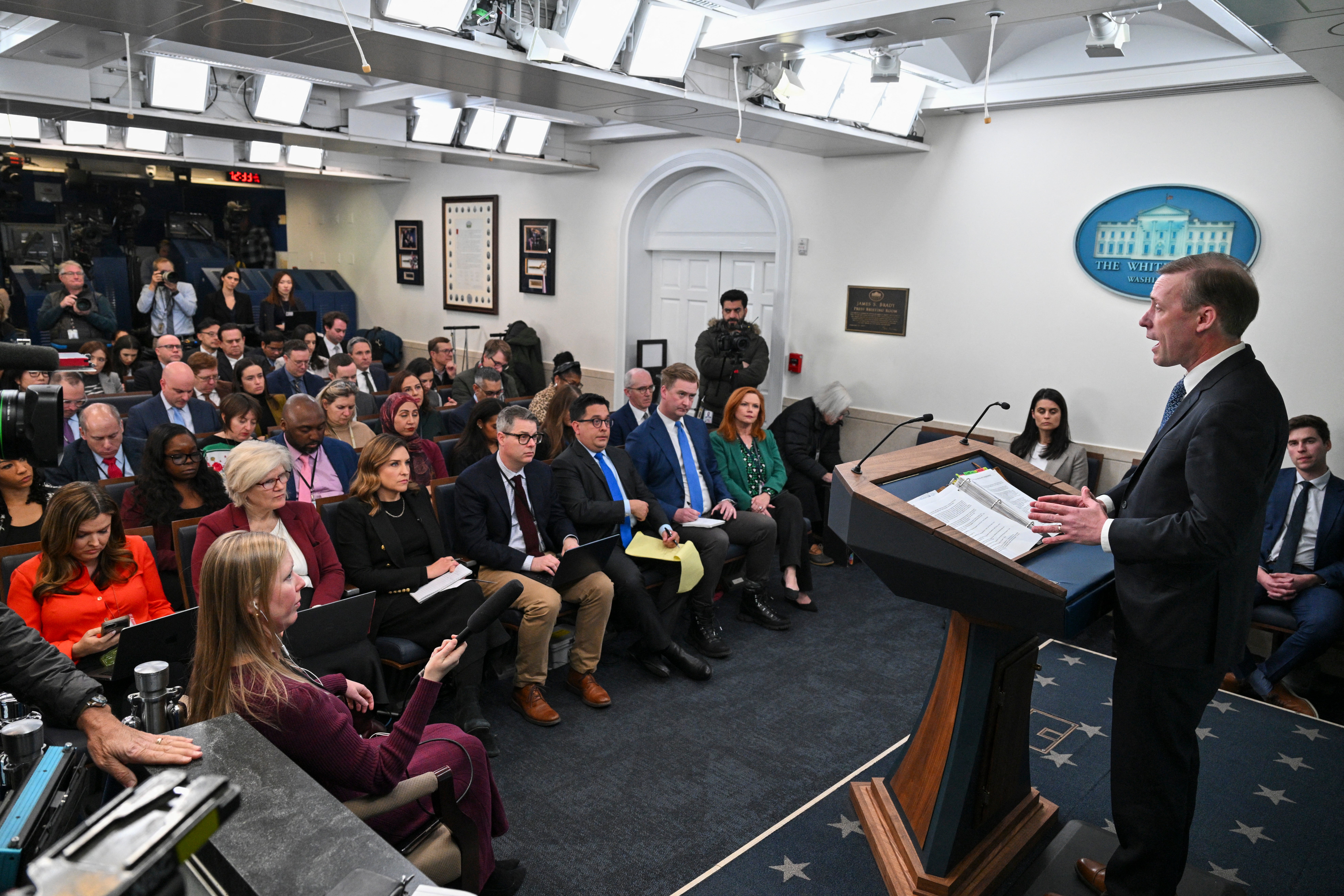 US National Security Advisor Jake Sullivan speaks to journalists in thee White House in Washington, DC, about the possibility of an Israel-Hamas peace deal