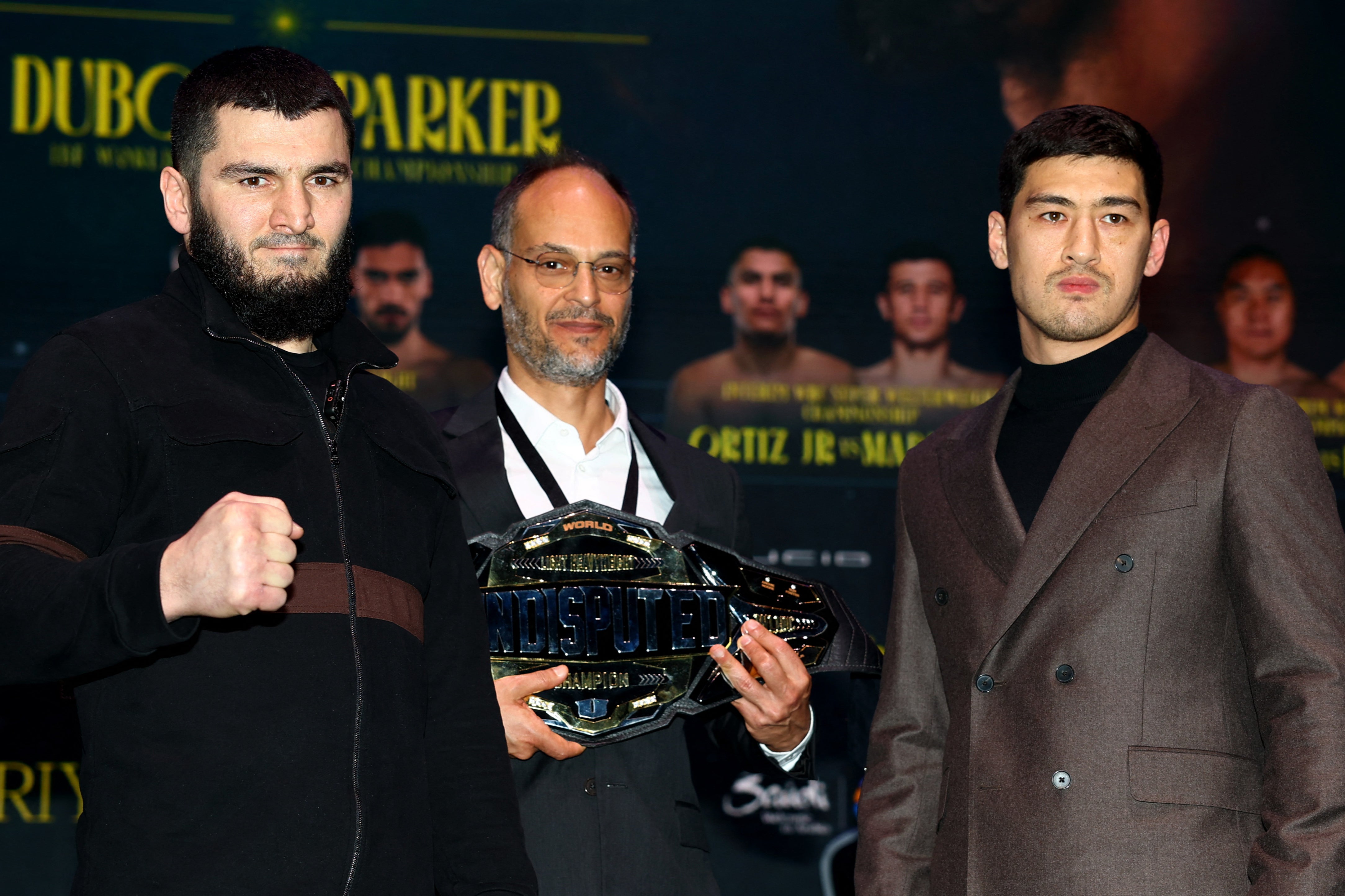 Artur Beterbiev (left) and Dmitry Bivol at a press conference for their rematch