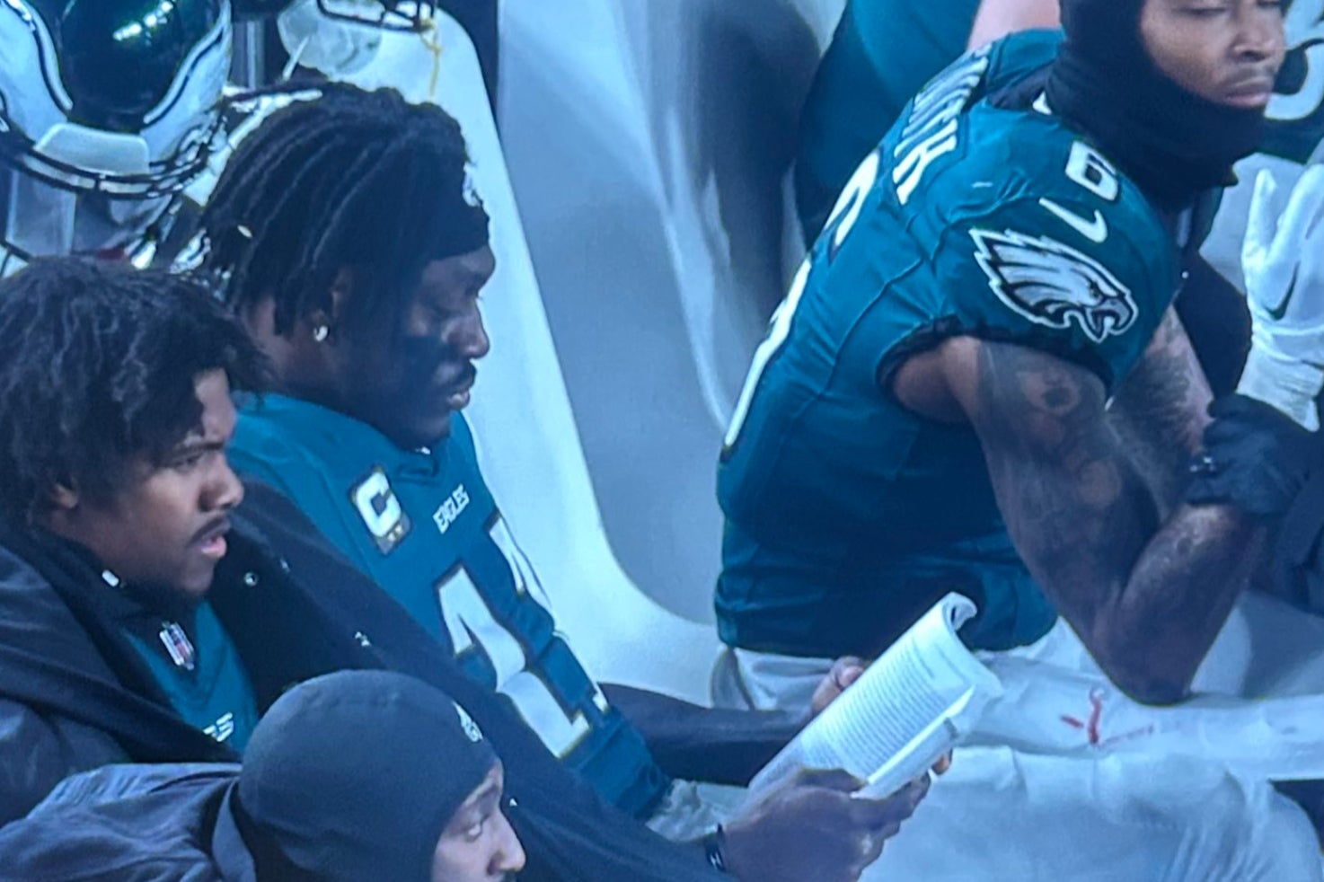 AJ Brown was seen reading as the Eagles took on the Packers