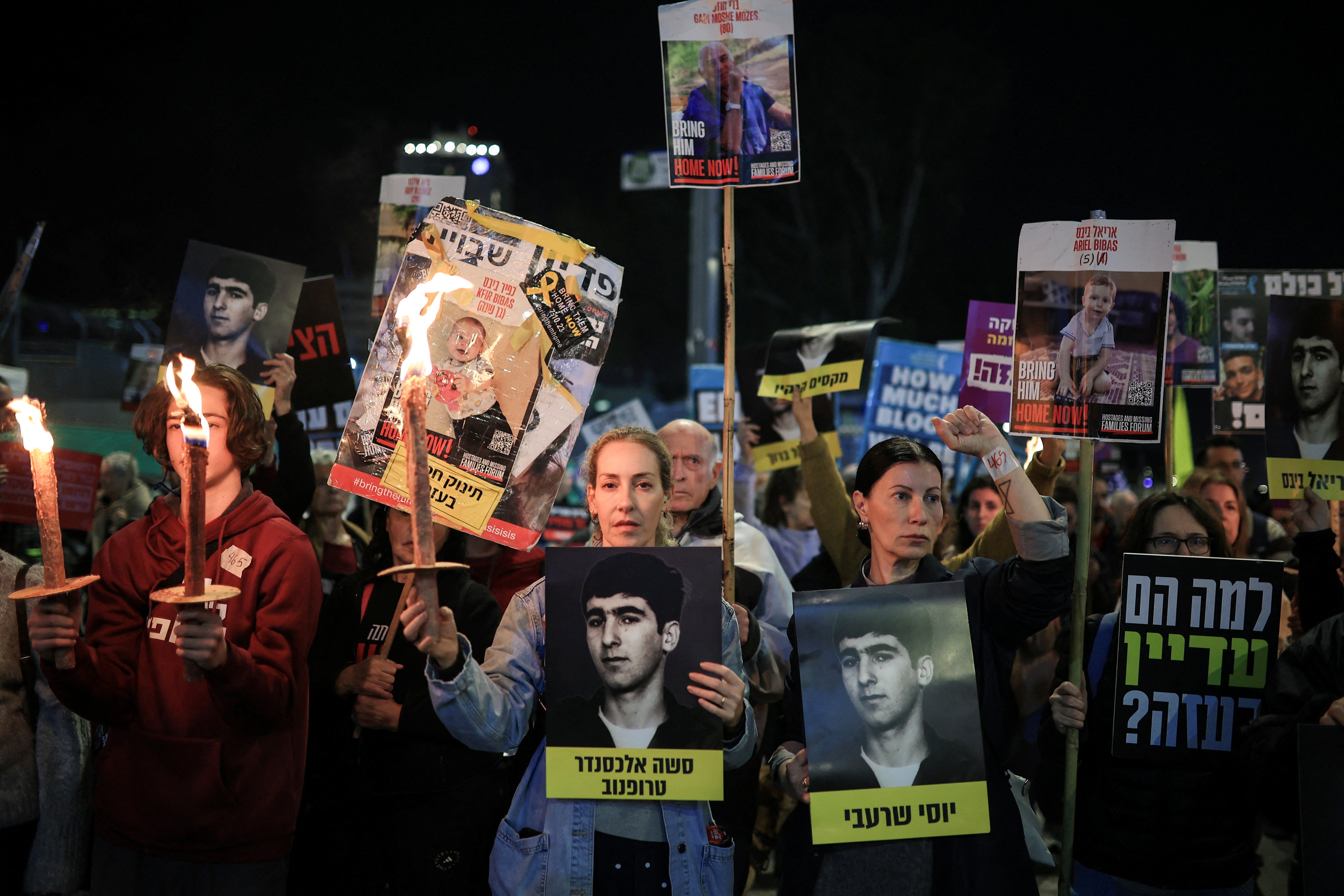 Supporters of Israeli hostages, kidnapped during the deadly October 7 2023 attack by Hamas, demand a deal as they protest amid ongoing negotiations for a ceasefire in Gaza, in Tel Aviv