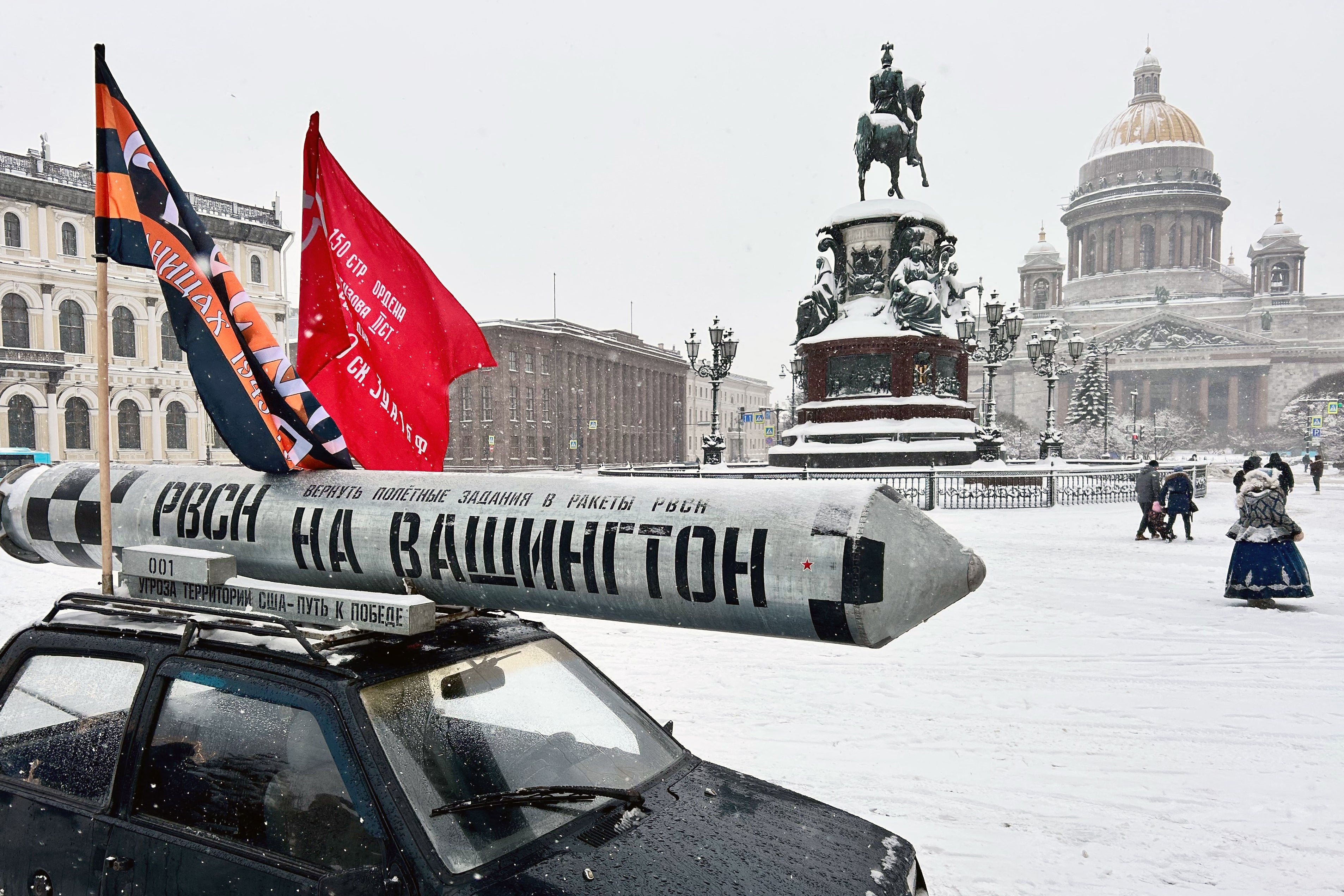 A mock-up of a missile with the inscription reading as ‘Towards Washington - threatening US territory is the path to victory’ seen in Saint Petersburg