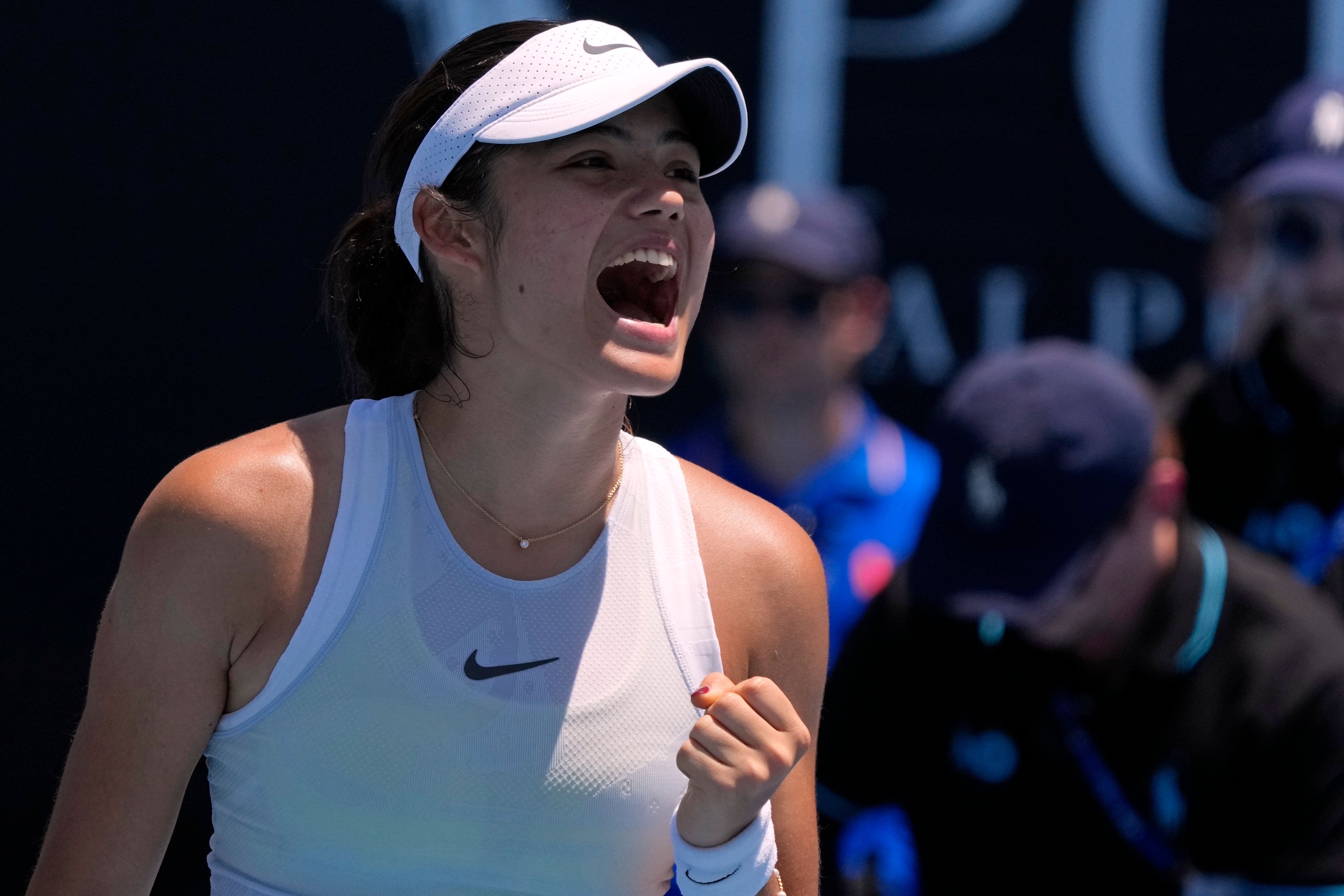 Emma Raducanu celebrates after defeating Ekaterina Alexandrova