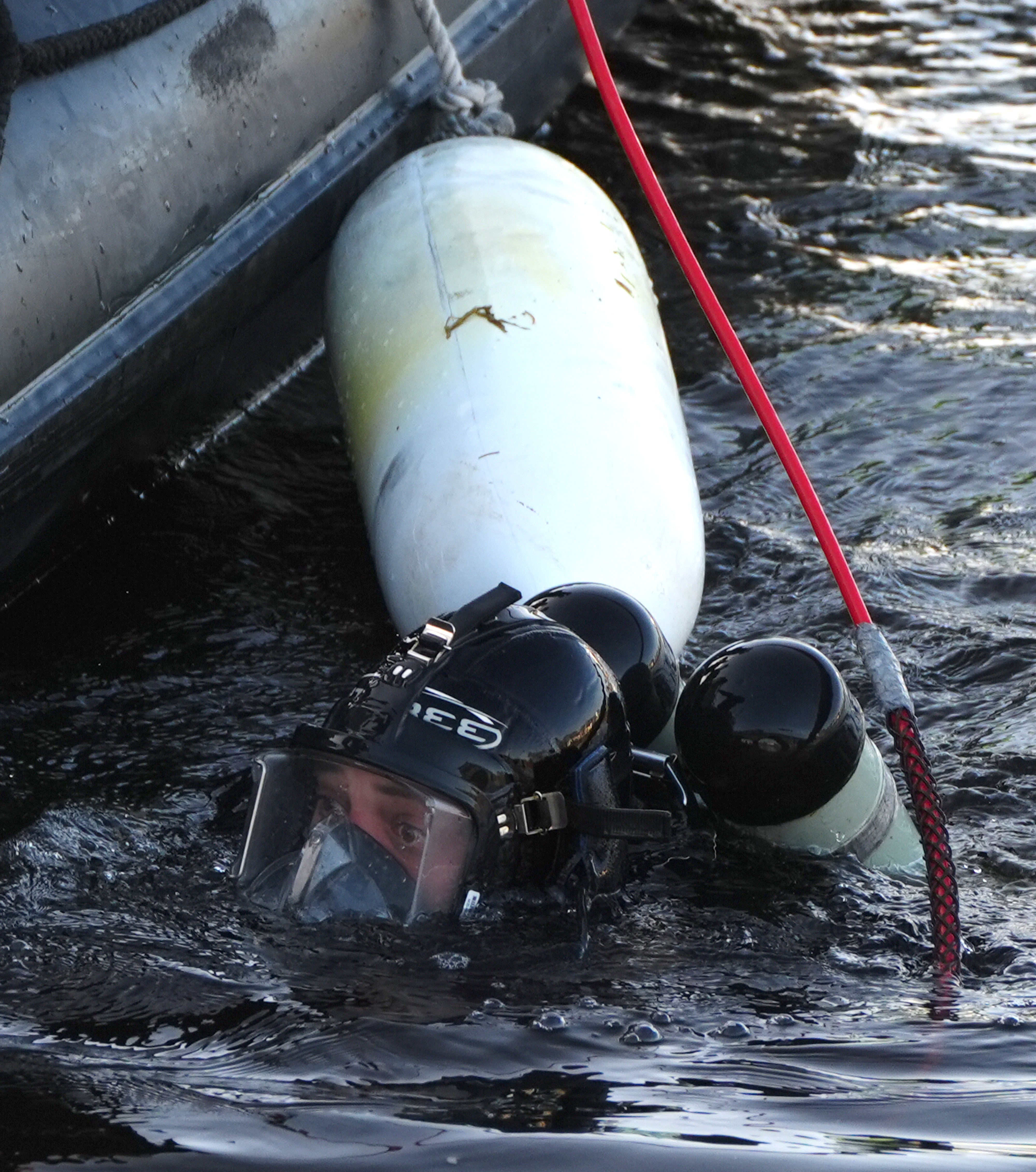 A police diver rises to the surface during the search