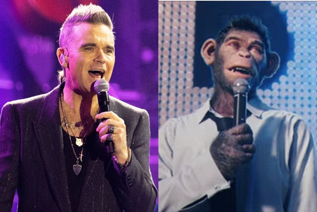 <p>Robbie Williams, and as portrayed by a chimpanzee in biopic ‘Better Man'</p>