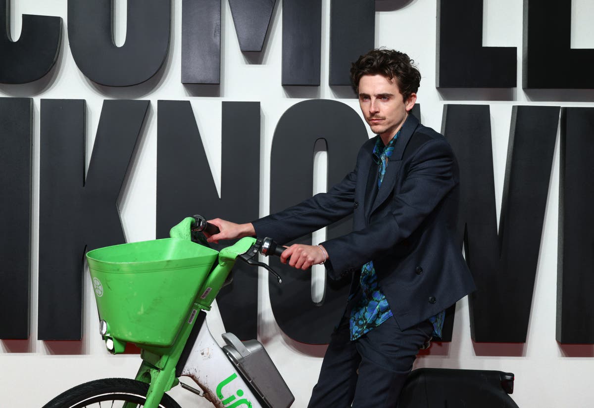 Timothée Chalamet enters London premiere of A Complete Unknown on a Lime bike