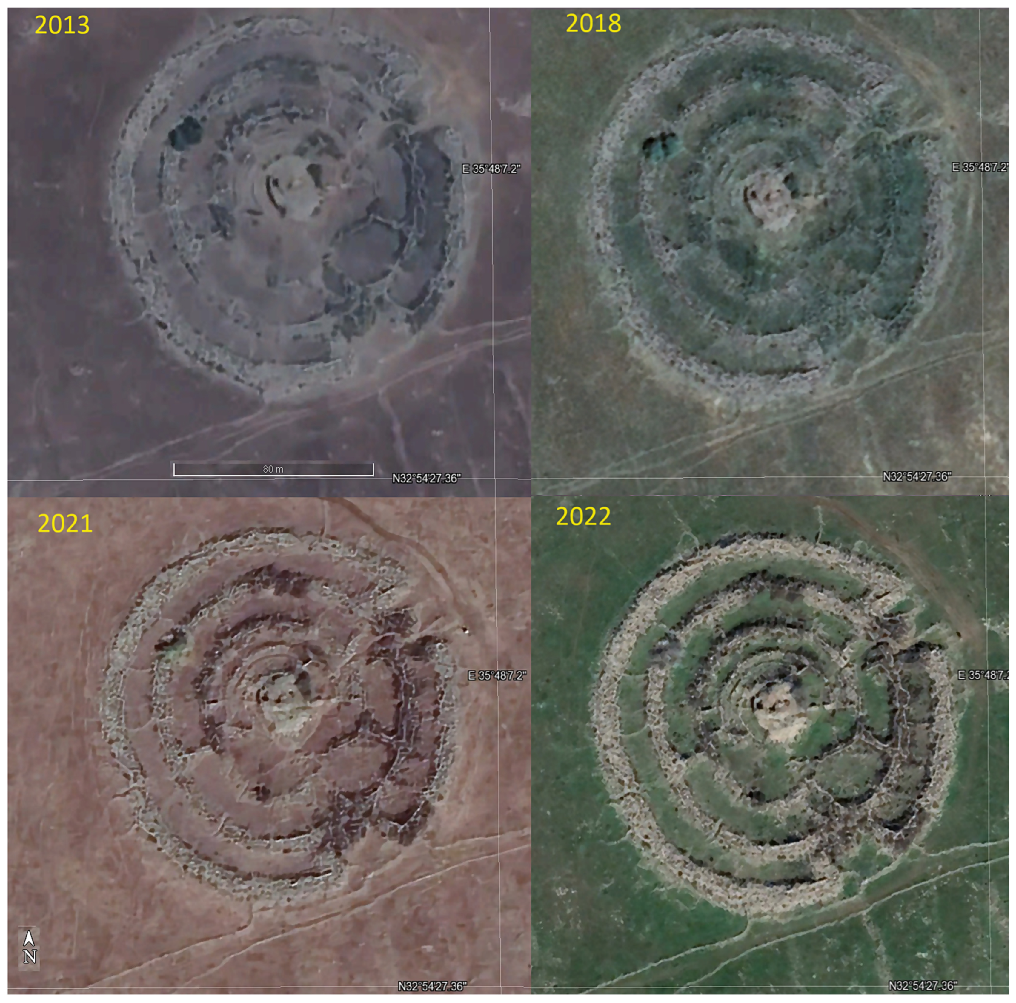 Satellite images of Rujm el-Hiri over the years