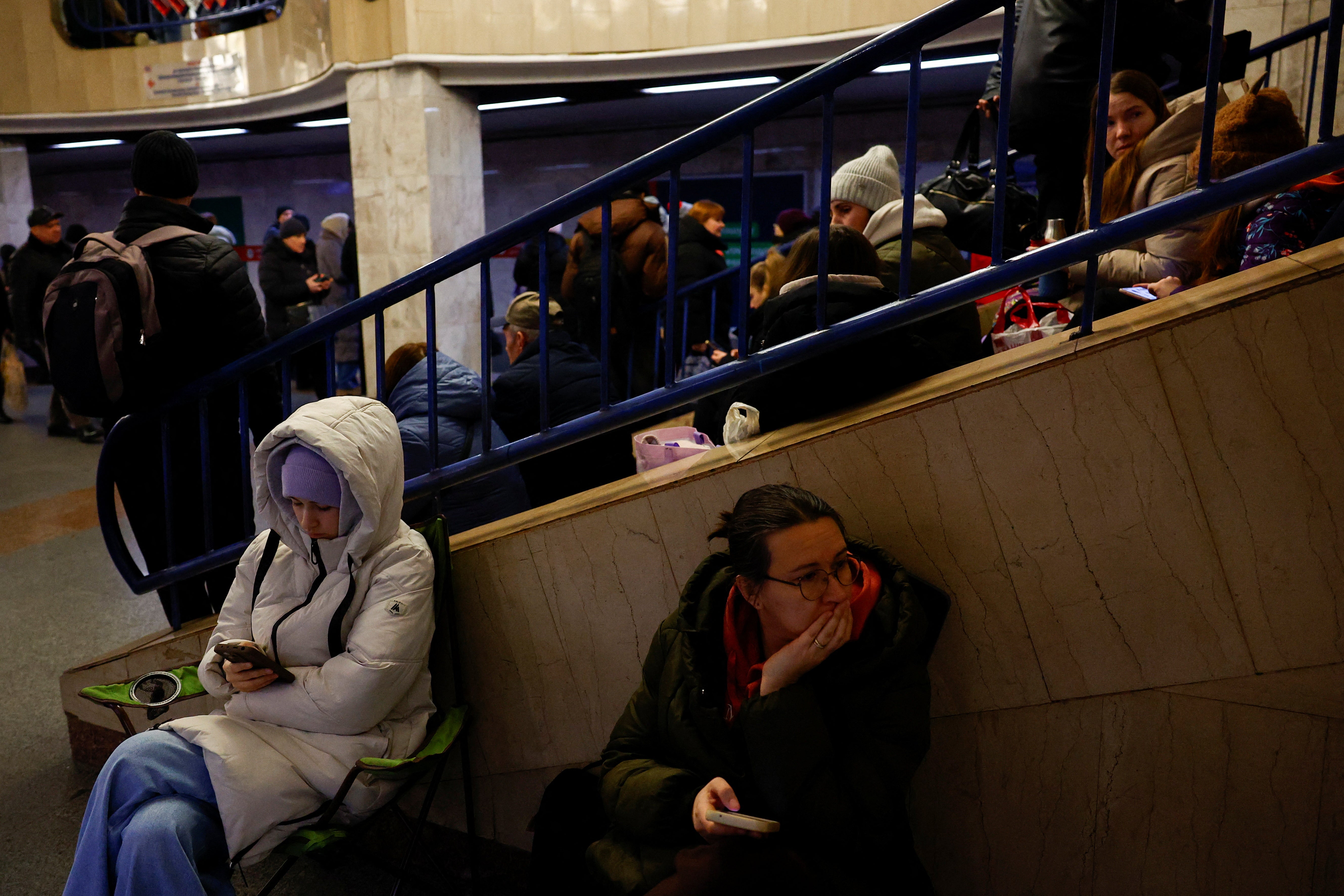 Kyiv residents take shelter in train station amid Russian strike