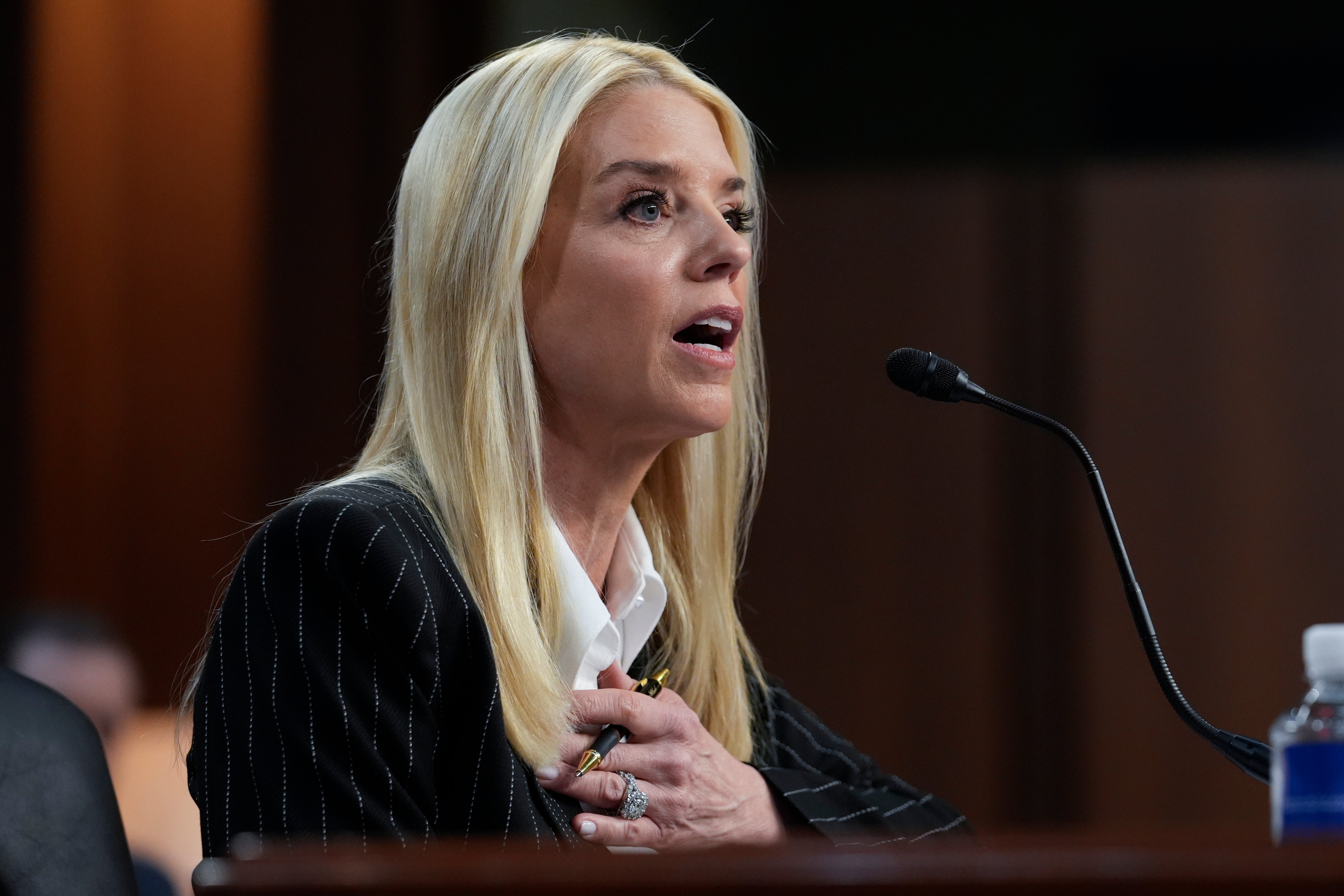 <p>Pam Bondi testifies to the Senate Judiciary Committee on January 15 during her confirmation hearing for U.S. attorney general under Donald Trump </p>