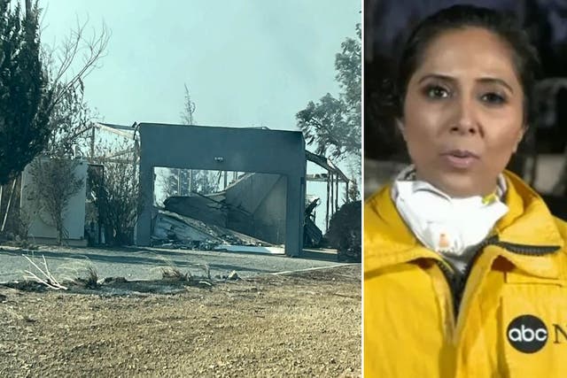 <p>ABC reporter Zohreen Shah (right) discusses her burned ‘dream home,’ which she lived in for just one day before the wildfires scorched it </p>