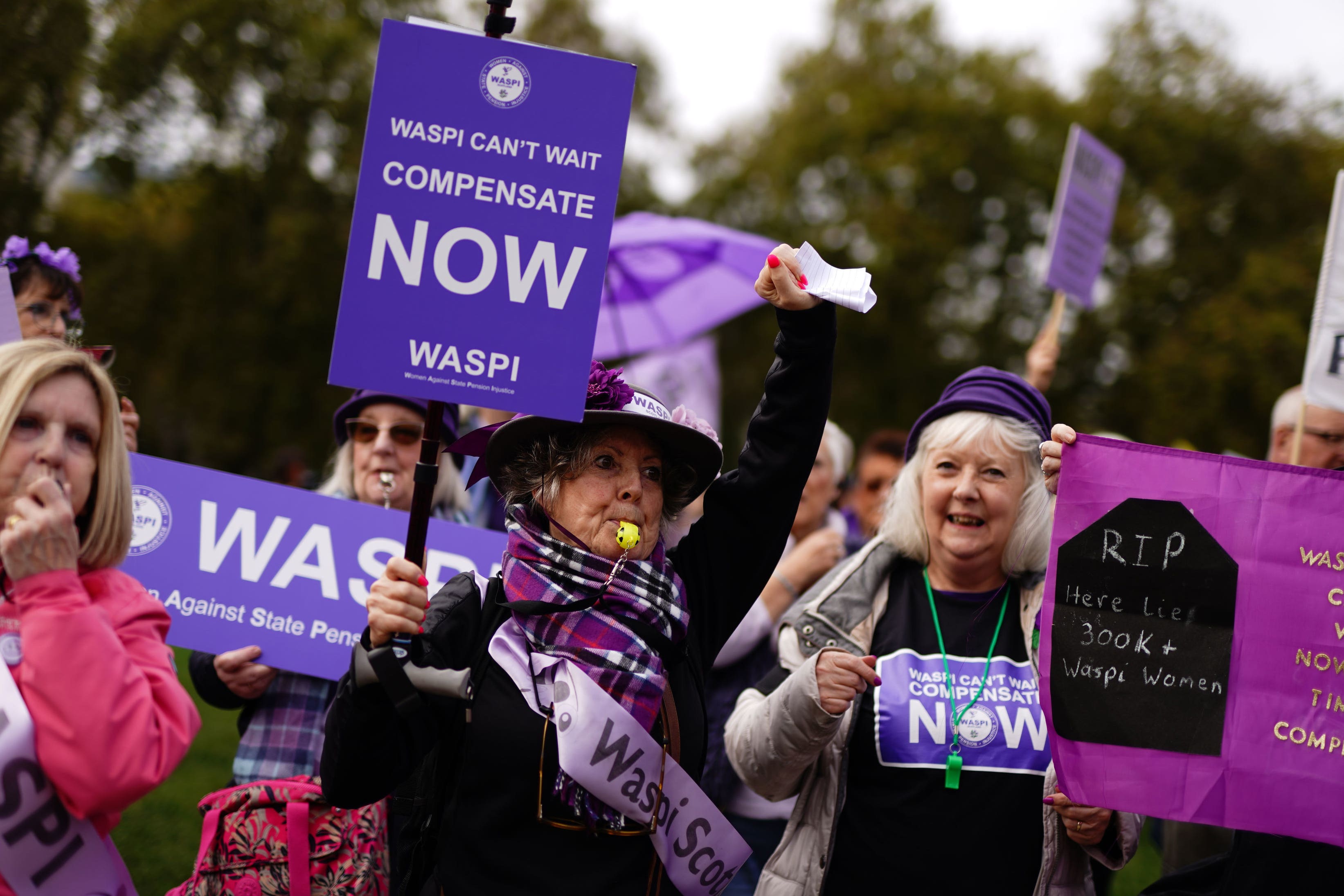 Waspi campaigners stage a protest in October 2024 as Rachel Reeves delivered the Labour Government’s budget (Jordan Petitt/PA)
