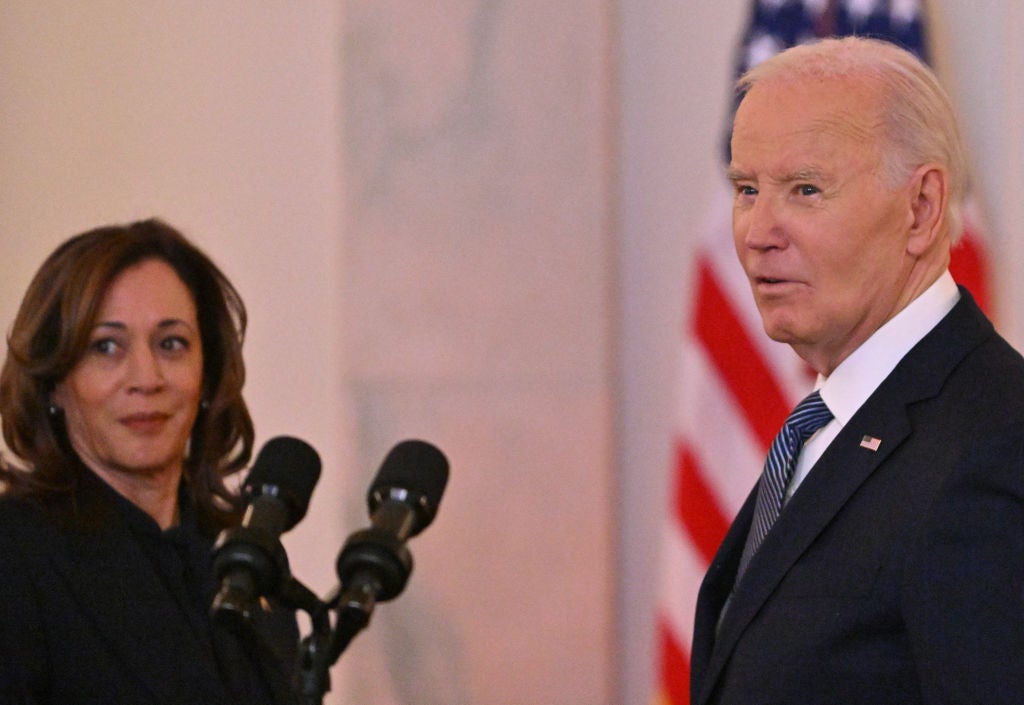 Joe Biden is seen with Kamala Harris in one of their final appearances together before leaving office. The president announced a ceasefire between Israel and Hamas on Tuesday.