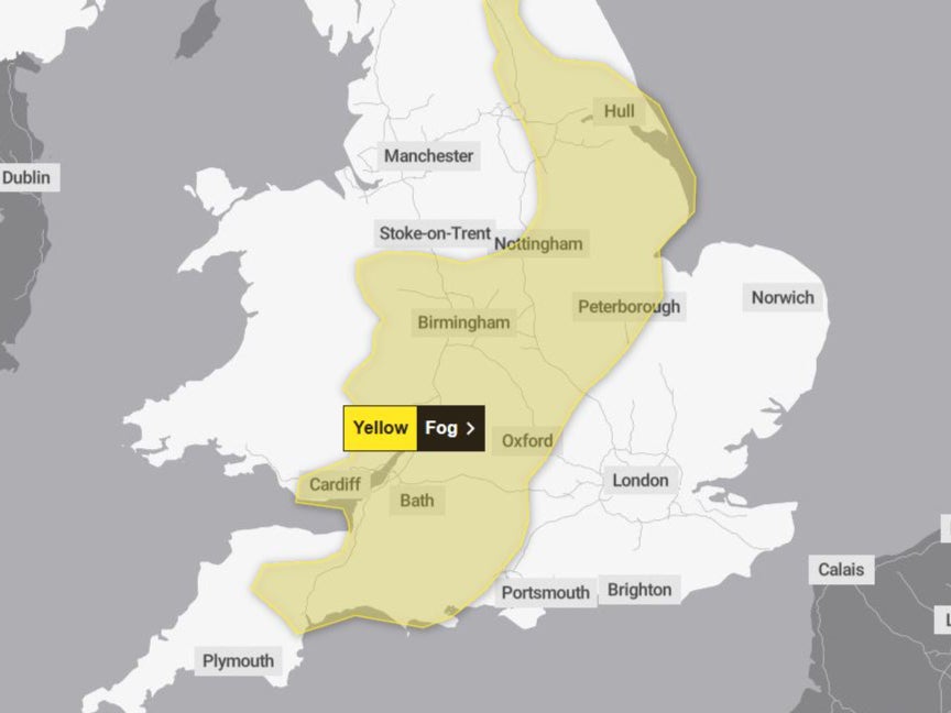 The Met Office warned of fog covering a large part of the UK from the South West to Yorkshire