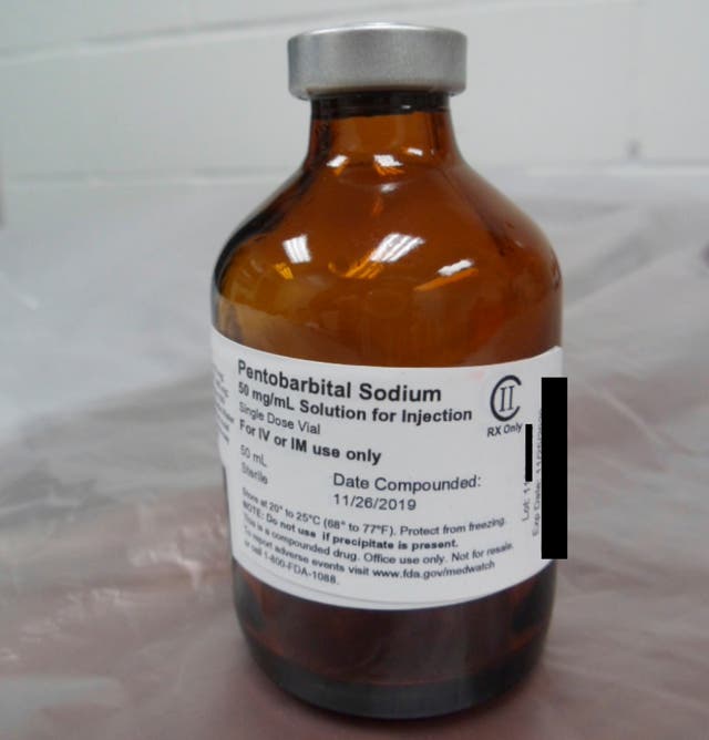 This photo provided by the U.S. Department of Justice shows a vial of pentobarbital used in the executions of two inmates in July 2020, according to court filings.