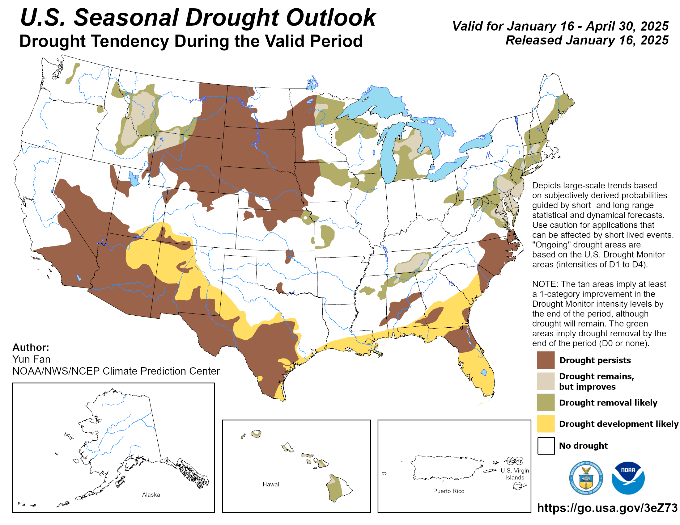 A seasonal outlook shows drought continuing through the first months of the year in the southern and western U.S. Temperate grasslands, including in parts of the western U.S., are facing the worst effects from severe droughts