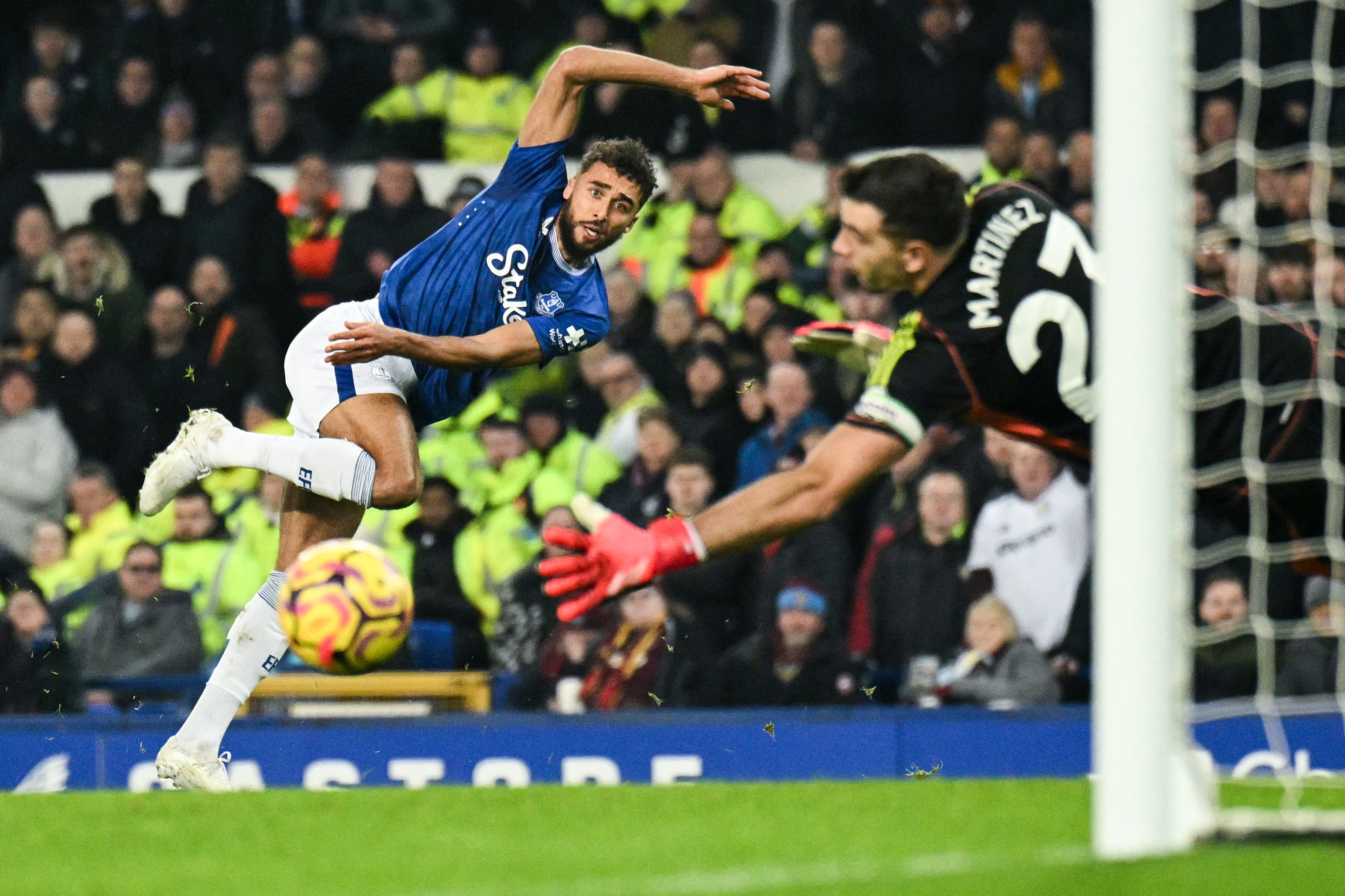 <p>Dominic Calvert-Lewin misses the target during Everton's defeat by Aston Villa</p>
